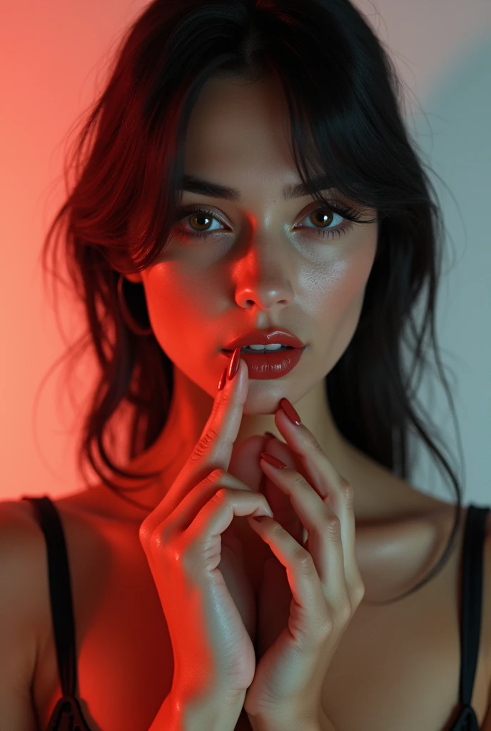 (8k, RAW photo, best quality, masterpiece:1.2), colorful background, clean background, depth of field, city, high building, A woman, half back long black hair, hazelnut eyes, long eyelashes, large red lips, pink long nails, gentle smile, is being licked by a dick girl, in the gamers room