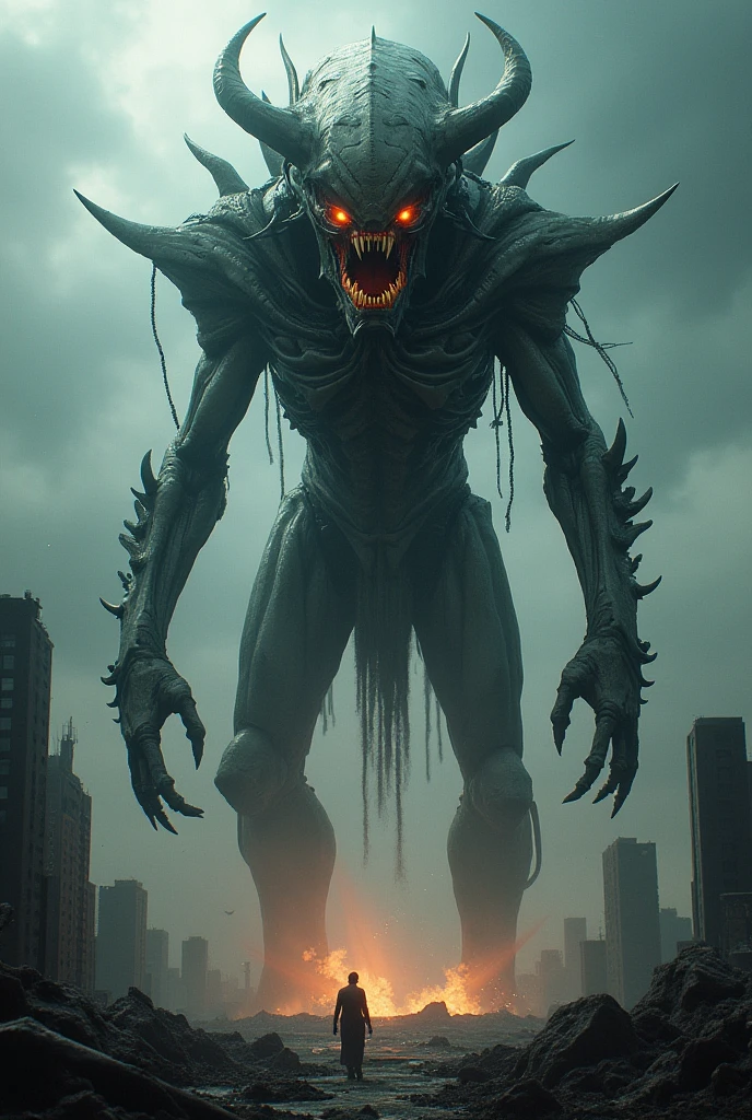 Absolutely massive alien titan towering over the city of London at night, panoramic shot, giant alien monster, incredible scale, arching over the cityscape, backlit by lightning, view from the side, attacking, complex character design