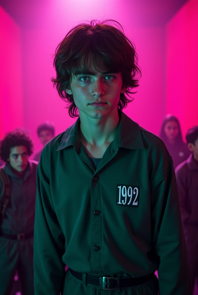 4 BOYS Russian children with 20 years of age, WITH LONG DARK STRAIGHT HAIR, WITH GREEN LEATHER OVERCOAT, PORTRAIT STYLE, WITH BLACK BACKGROUND AND ILLUMINATED IN THE BACKGROUND WITH GREEN LIGHTS.