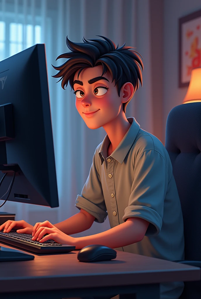 A smart boys front of the computer setting in chair table