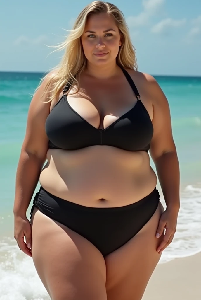 Extremely chubby blonde girl with massive fatty arms and legs a huge belly a really fat bum and very chubby face in a two piece on a beach