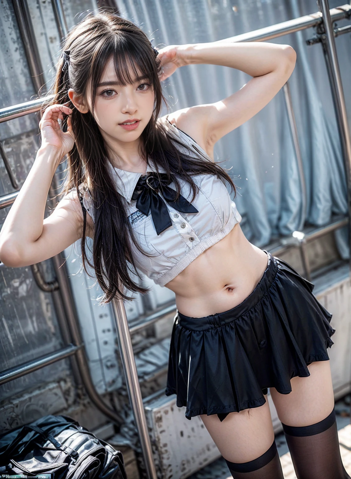 (masterpiece, best quality), front shot, 1girl, kawaii, (super big breasts, micro waist, very long legs:1.2), medium hair, Black hair, short height, scrawny and thin body, tiny cute face, cute smile, mini skirt, pigeon-toed, sweaty, big visible ribs