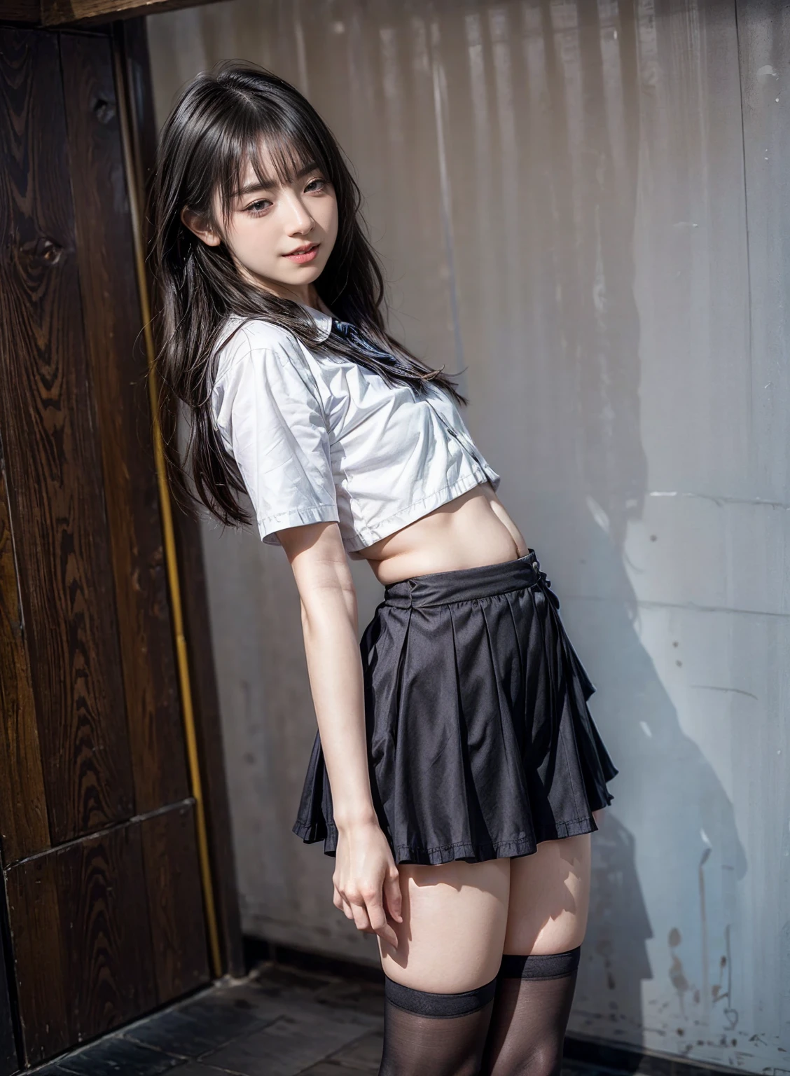 smiling, 1 girl, detailed beautiful face, masterpiece, best quality, (floral pattern panties), school uniform, (skirt lift), (patternless skirt)