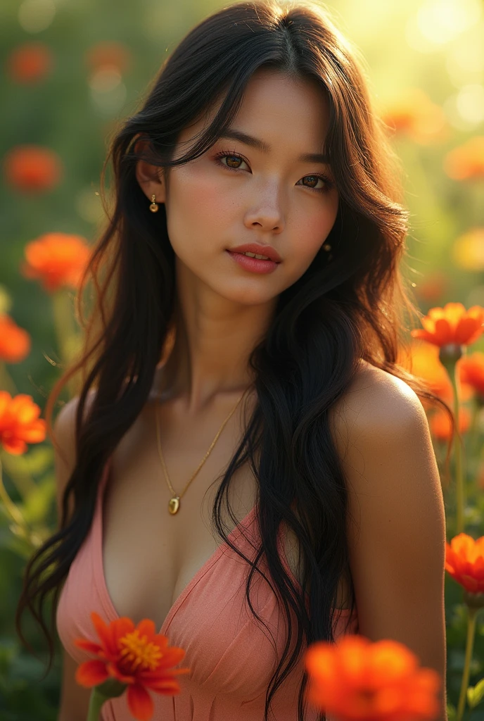 a beautiful girl in a colorful garden, long flowing hair, elegant dress, serene expression, soft natural lighting, lush greenery, vibrant flowers, (best quality,4k,8k,highres,masterpiece:1.2),ultra-detailed,(realistic,photorealistic,photo-realistic:1.37),detailed face and eyes,beautiful detailed lips,extremely detailed eyes and face,longeyela shes,vibrant colors,cinematic lighting,intricate details,photorealistic,cinematic composition,warm tones