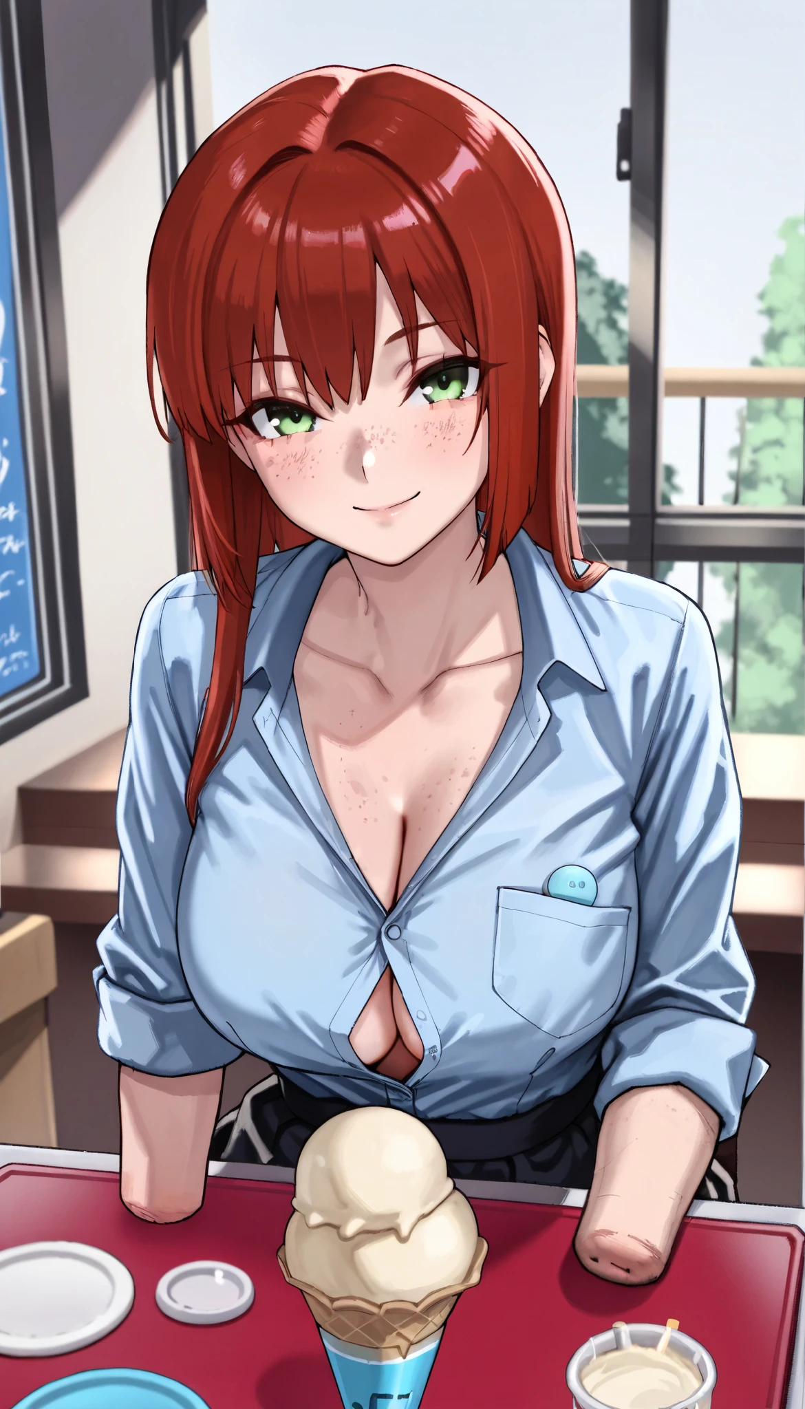 beautiful amputee girl dressed in blue shirt with rolled sleeves and skirt sitting in the ice cream parlor, girl, cute, sassy, smile, green eyes, (freckles), ((long straight red hair)), ((light blue button down shirt)), rolled up sleeves, ((amputee)), (missing forearms), (((arm stumps))), ((collarbone)), big breasts, (chest pocket), looking at viewer, parlor, window to the bright street, detailed
