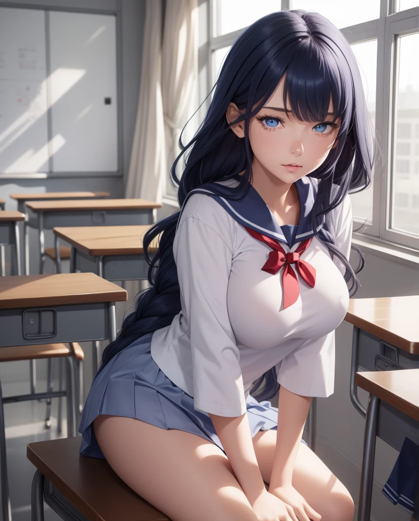 Minamimatsuura, Kanan Matsuura, blue hair, long hair, ponytail, (purple eyes:1.1), side lock, Blake Aquaneckerchief, gray sailor collar, グレーのskirt, ミニskirt, neckerchief, プリーツskirt, sailor collar, セーラーshirt, , serafuku, shirt, skirt, summer clothes, Uranohoshi , 白のshirt,naughty big、big and full breasts、break looking at viewer, break (table top:1.2), highest quality, High resolution, unity 8k wallpaper, (shape:0.8), (fine and beautiful eyes:1.6), highly detailed face, perfect lighting, Detailed CG, (perfect hands, perfect anatomy),laughter、,(white panties:1.3)、(fully exposed panties:1.5)、sit with your knees bent、eight-headed body、beautiful feet 、looking up from below、(from knees to chest)、outside the house、outdoor、