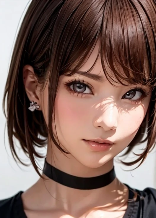 masterpiece, best quality , ultra detail,8k,Detailed light,Detailed Shadows,born, ( detailed skin),( realistic:1.2),
 1 girl,face,
Pilyeon,  Audience ,  choker ,  necklace, piercing above spo,  white background , heart,   closed mouse,  gray eyes,   simple background, ear  piercing above spo, black  choker , 笑face,  eyelash , lips, emotional composition, bangs,  finger tip 
