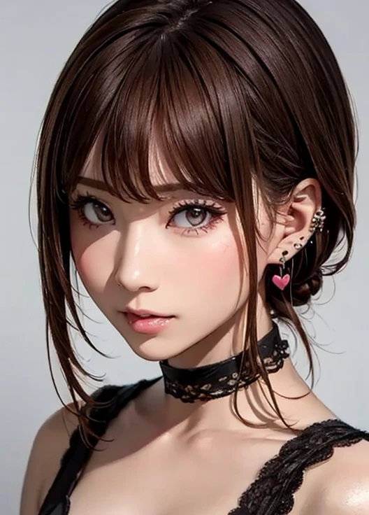 masterpiece, best quality , ultra detail,8k,Detailed light,Detailed Shadows,born, ( detailed skin),( realistic:1.2),
 1 girl,face,
Pilyeon,  Audience ,  choker ,  necklace, piercing above spo,  white background , heart,   closed mouse,  gray eyes,   simple background, ear  piercing above spo, black  choker , 笑face,  eyelash , lips, emotional composition, bangs,  finger tip 
