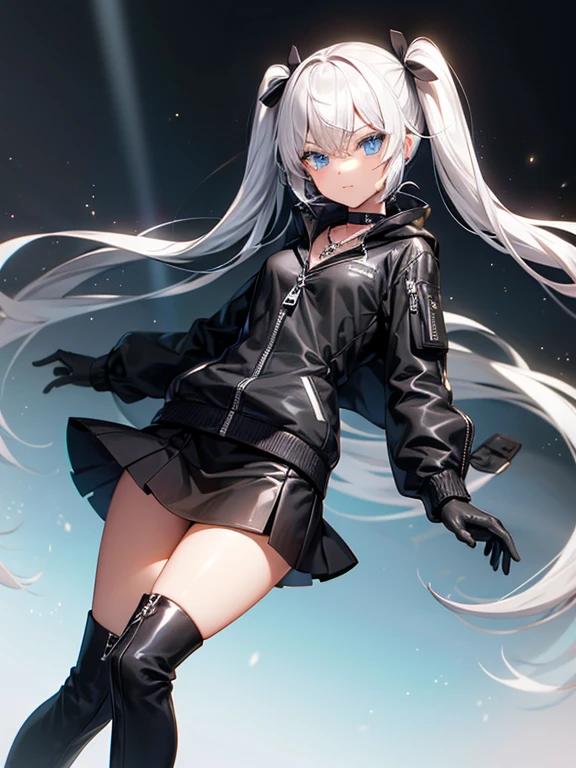 girl, black jacket , black gloves, Little smile, long white hair, short black skirt, blue eyes, Long black stockings. sitting,(white light in the background, black background, road)