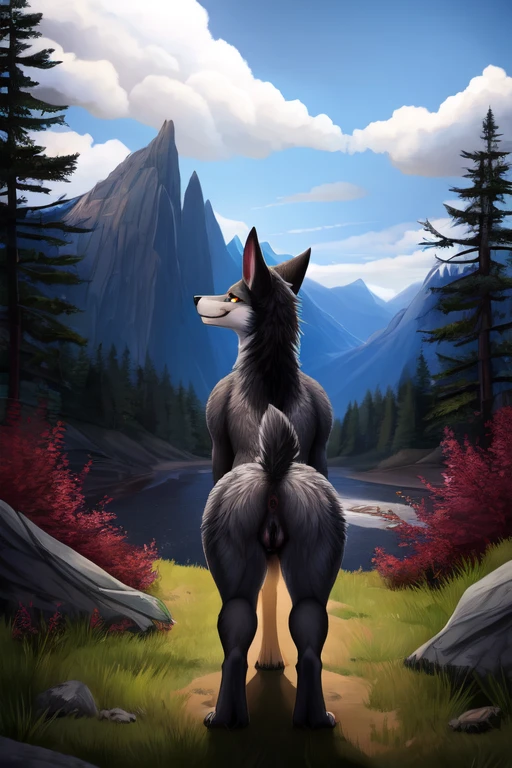 ((solo)) (anthropomorphic, black domestic dog), female, fullbody, nude, furied, black fur, white fur, blue eyes, sexy poses, looking at viewer, flower, best quality, shaded, extreme detail, highly detailed, long hair, smile, ultra detailed, intricate, beautiful eyes, detailed face, good anatomy, Perfect eyes, tail up, standing, hands, night, fog, flower, best quality, shaded, extreme detail, highly detailed, ultradetailed, intricate, realistic, detailed background, hi res, realistic, photography \(artwork\), (by kenket), by ross tran, by michael & inessa garmash, by pino daeni, by isvoc, by kiguri, by alena aenami, by ruan jia, (by zenthetiger, by wolfy-nail), by Enki Bilal, by drmax, photorealism, in mountains , galaxy-themed hunting, top angle view, bright and rich colors, rendered by unreal engine, realistic, detailed background, hi res, realistic, photography \(artwork\), (by kenket), by ross tran, by michael & inessa garmash, by pino daeni, by isvoc, by kiguri, by alena aenami, by ruan jia, (by zenthetiger, by wolfy-nail), by Enki Bilal, by drmax, hioshiru, butt, looks at the camera