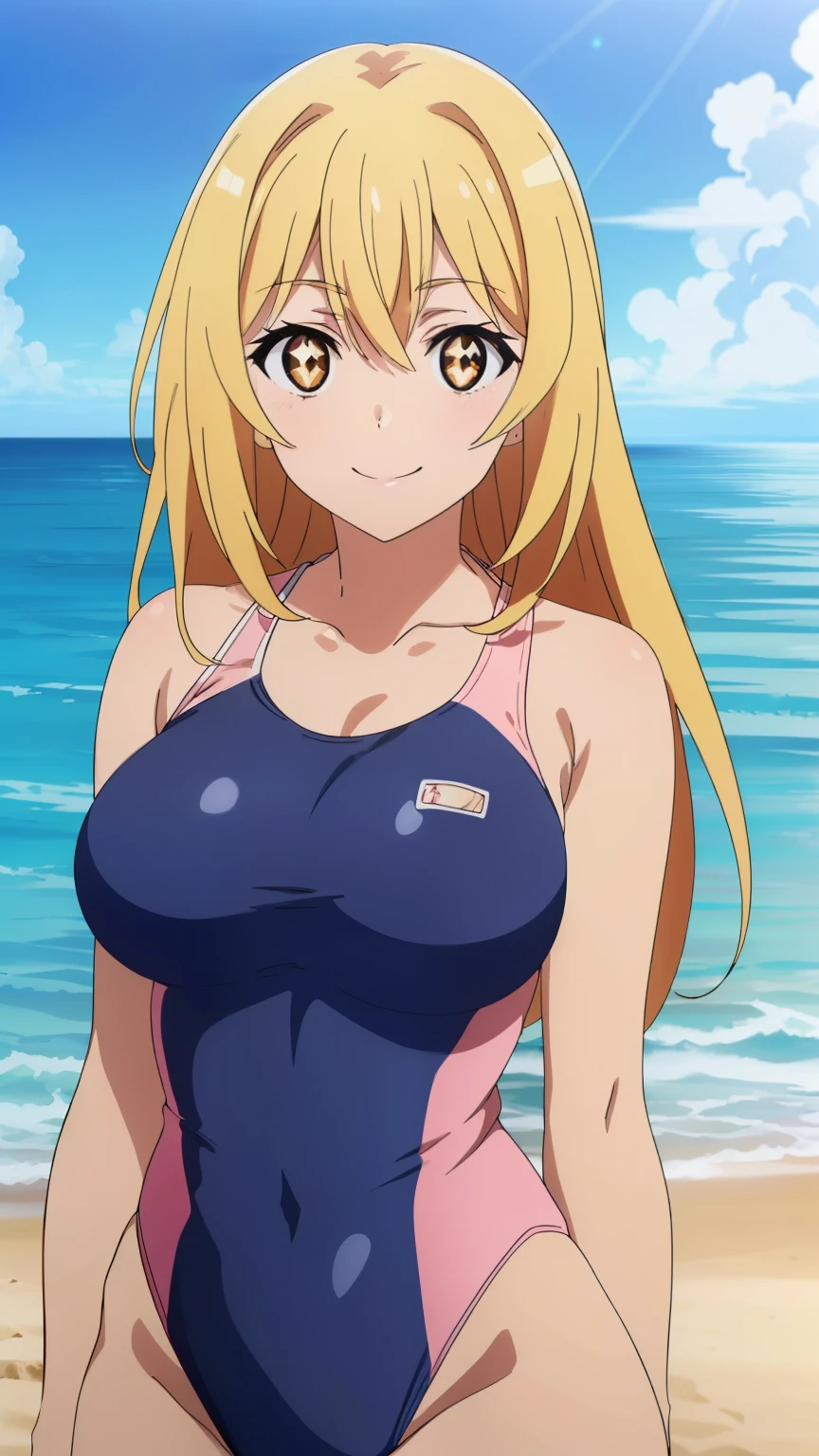 (highest quality, High resolution, 8k, masterpiece: 1.2), Very detailed, (Anime), Misaki Shokuhou, orange eyes, (pupils sparkling:1.0), Beautiful character design, Perfect eyes, Perfect face, Expressive eyes, Perfect balance, smile, blonde, Long Hair, large medium breast, (nffsw, pink one-piece swimsuit, beach, smile:1.2), looking at the camera,(cowboy shot), The gaze camera focuses on the center of the image,