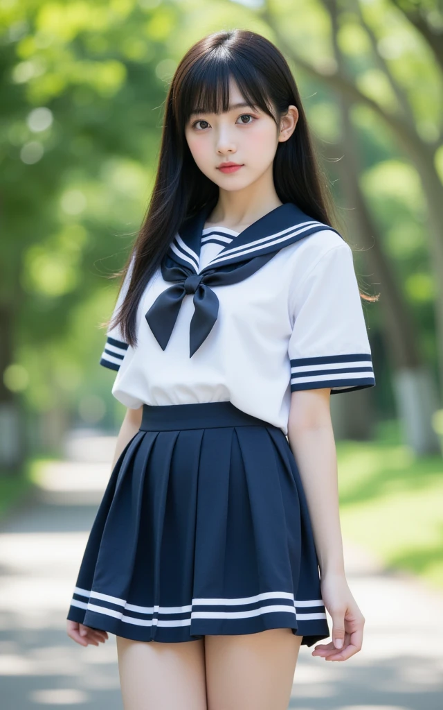 Neat and clean schoolgirl、(student clothes、a sailor suit、Ribbon knot at chest、summer clothing、The upper body is white、The skirt is dark blue)、Outside the field、(Slimed)、Photorealsitic、detaileds, Skin Texture, ultra-detailliert、Delicate and sexy collarbone、A smile、Super Detailed Face、Detailed lips、A detailed eye、tiny chest、Smaller chest、small tit、Small、flat breast、Chest emphasis、Bright face、((is standing、Schoolgirl Uniform、White panties are visible from the skirt、Sheer white shirt、Navy blue ribbon at the collar、Dark blue pleated micro mini、slightly lift the hem of the skirt with both hands,,,,))