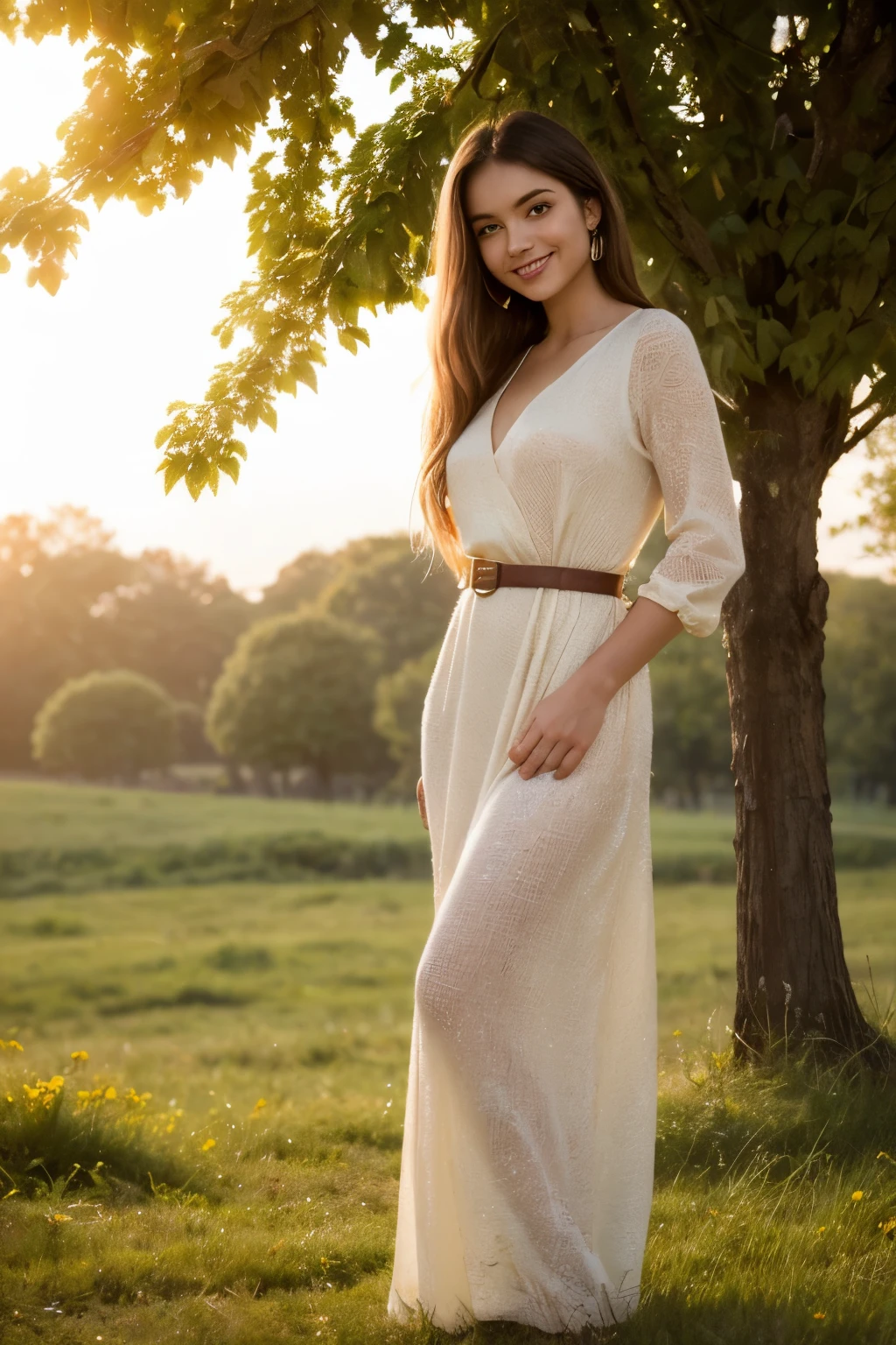 Photography of a 20yo woman, perfect face, masterpiece, (radiant happy smile), textured skin, goosebumps, (LONG) straight (LIGHT) brown hair, (perfect body shape), a scenic meadow at sunrise with wildflowers gently swaying in the breeze, a soft mist in the background, and warm golden light, perfect eyes, standing barefoot on the grass, (sunrise), she wears a flowing light yellow maxi dress with a subtle floral pattern, cinched at the waist with a braided belt, Lovely very large chest and very large hips, Porta 160 color, shot on ARRI ALEXA 65, bokeh, sharp focus on subject, shot by Don McCullin.
