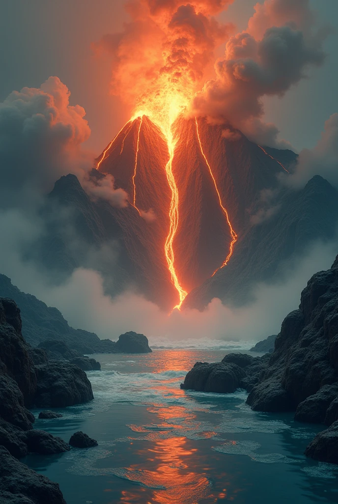 roca de fuego cayendo del espacio a una isla desierta en un dia nuboso