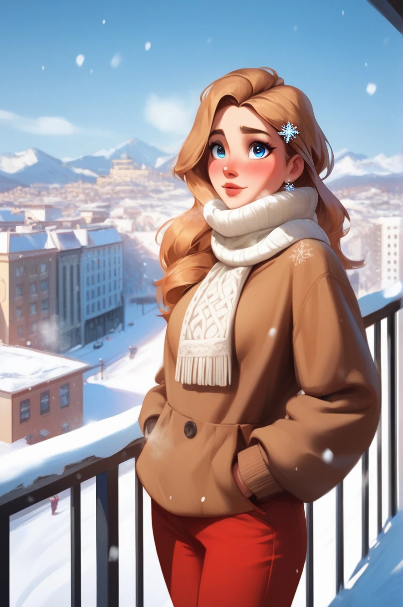 masterpiece, best quality, 1girl, solo, txasuka, light brown hair, long hair, blue eyes, hairclip, brown sweater, turtleneck, red pants, winter, snow, cold, hands in pockets, white scarf, looking up, from side, grey sky, snowflake, blush, city, balcony
