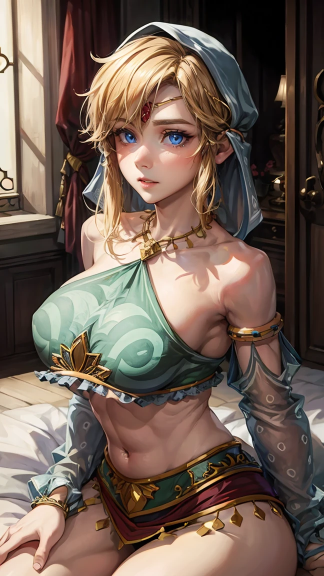 ((masterpiece)), ((best quality)), (detailed), perfect, solo, link, gorgeous boy, luscious lips, blonde hair, sexy, sexy marked collarbones, huge breasts