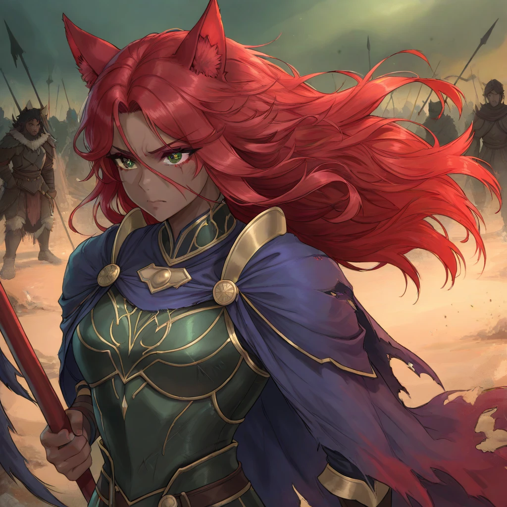 Young Kemono Elf Man Half Beast, Your hair and fur are red,  fighting in the middle of a plain,  her clothes are torn and her armor in pieces ,  her expression is fierce and her eyes are serious ,  in her left hand she holds an impressive spear with a long blue fabric that wraps around it,  her other hand is in a claw shape ,  her red hair wobbles in the wind ,  dark skin under the red fur , deep green eyes , iris feral,  animal ears ,  Wolf ears ,  body hair , Alone,  Battlefield,  magic and shadows in the background ,  long hair , by the bodies, Alone, 1 man. humanoid face.