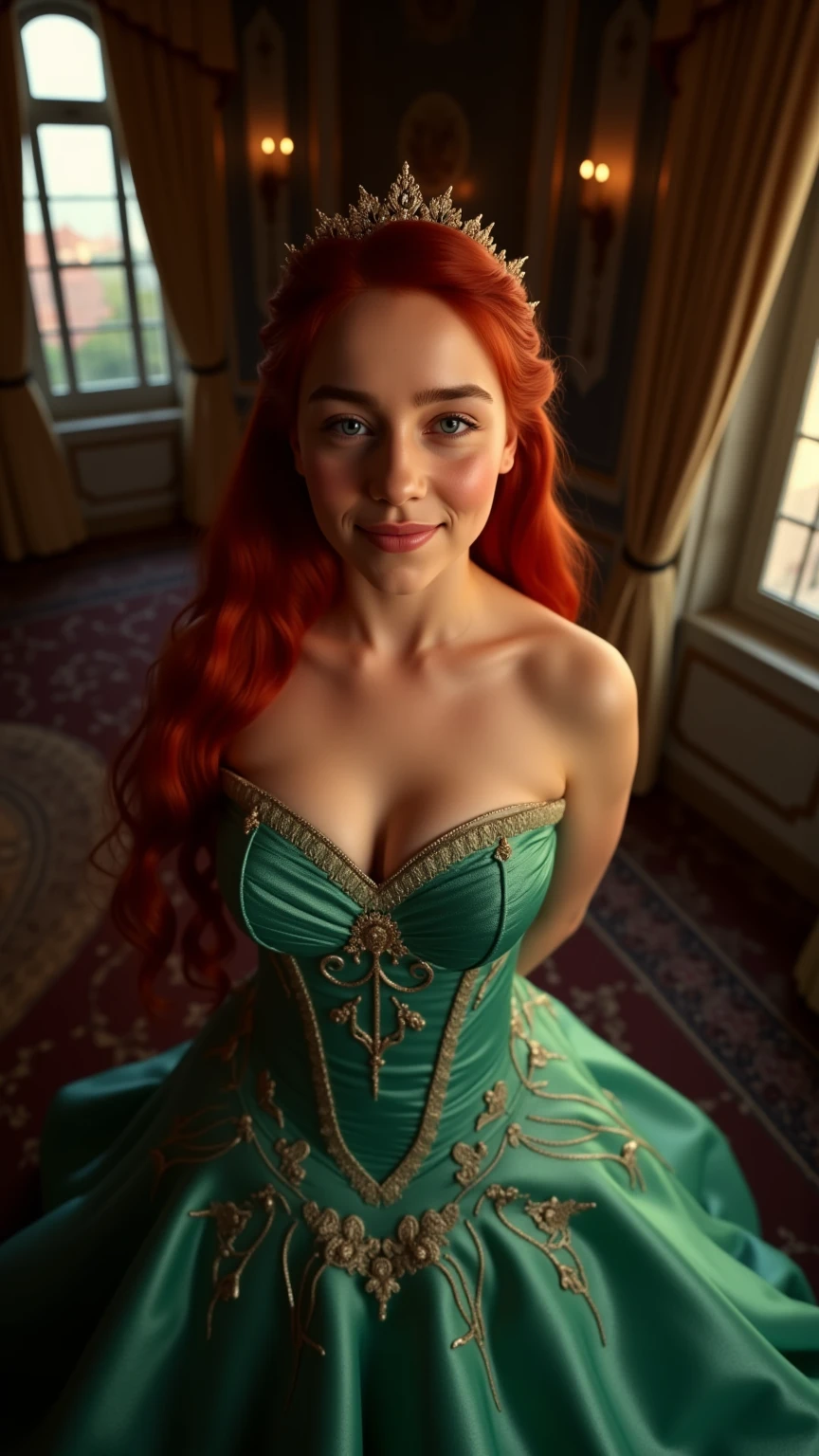 Very Close-up high angle portrait  with a fish eye lens of a busty figure, a young   in a ariel costume, ornate ball gown, ((18 years old with tiny breasts; Disney princess Ariel costume; glued to the body; beautiful and elegant; tiny breasts; red hair swept to the side))) and piercing gaze, standing in a dimly lit palace room with ornate designs and a high ceiling, with just a hint of early morning sunlight peeking through the windows. She stands firm, hands clasped behind her back, as she gives a slight  smile. The lighting in the room is dim with a lot focus on her tiny breasts