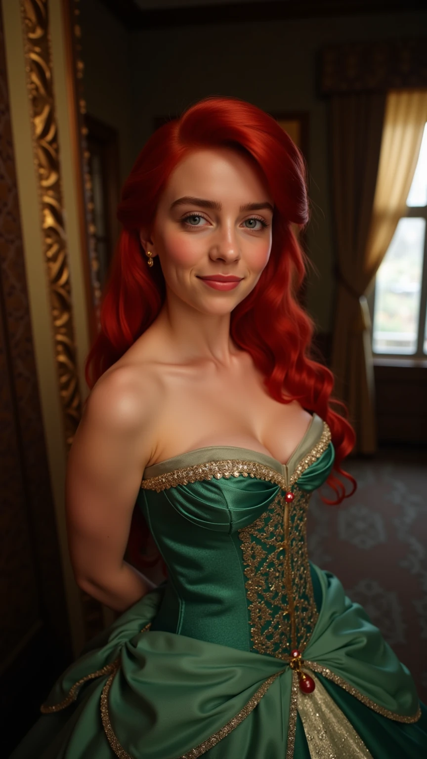 Very Close-up high angle portrait  with a fish eye lens of a busty figure, a young   in a ariel costume, ornate ball gown, ((18 years old with tiny breasts; Disney princess Ariel costume; glued to the body; beautiful and elegant; tiny breasts; red hair swept to the side))) and piercing gaze, standing in a dimly lit palace room with ornate designs and a high ceiling, with just a hint of early morning sunlight peeking through the windows. She stands firm, hands clasped behind her back, as she gives a slight  smile. The lighting in the room is dim with a lot focus on her tiny breasts