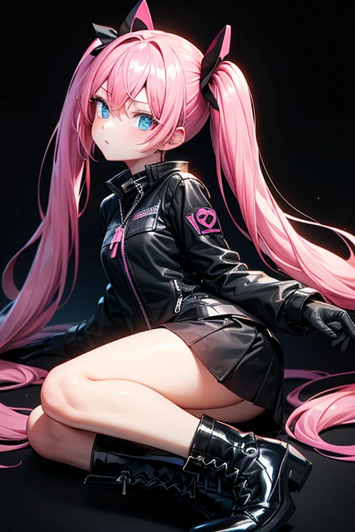 an illustration in the art-style of     <lora:JellyTitsV3-000008:0.8>, art by JellyTits,  1girl, blue_hair, long_hair, red_eyes, intricate eyes, detailed eyes, eye_focus,  black_jacket, cyberpunk, smile, standing,  black_leggings, pink_shorts,