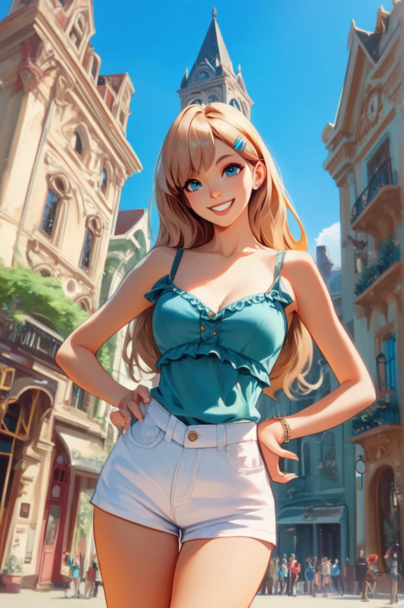 Anime girl, Blonde, Sexy girl pose，youthfulness，Enthusiastic，tmasterpiece，Full body photo，8k，adolable，ssmile，In the alleys