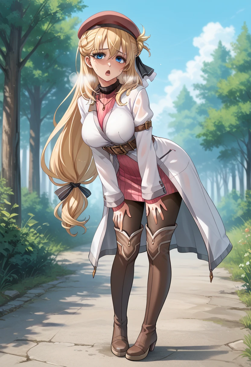 BREAK source_anime, erotic, (1girl), (solo), sfw,  Agnes Claudel, (tall body), (mature body), beautiful face, cute face, blonde hair, long hair, blue eyes, large breasts, hair ribbon, beret, white coat, turtleneck dress, necklace, belt, pink skirt, pantyhose, brown boots, thigh boots,, (((full body shot))), ((side view)), looking at viewer, outdoors, sky, trees, 
racoonsan,, (standing up), (bending forward), exhausted, heavy breathing, sweating, wet, moaning, aroused. In peril, mouth open, (hands touching knees), (pain expression), eyes closed