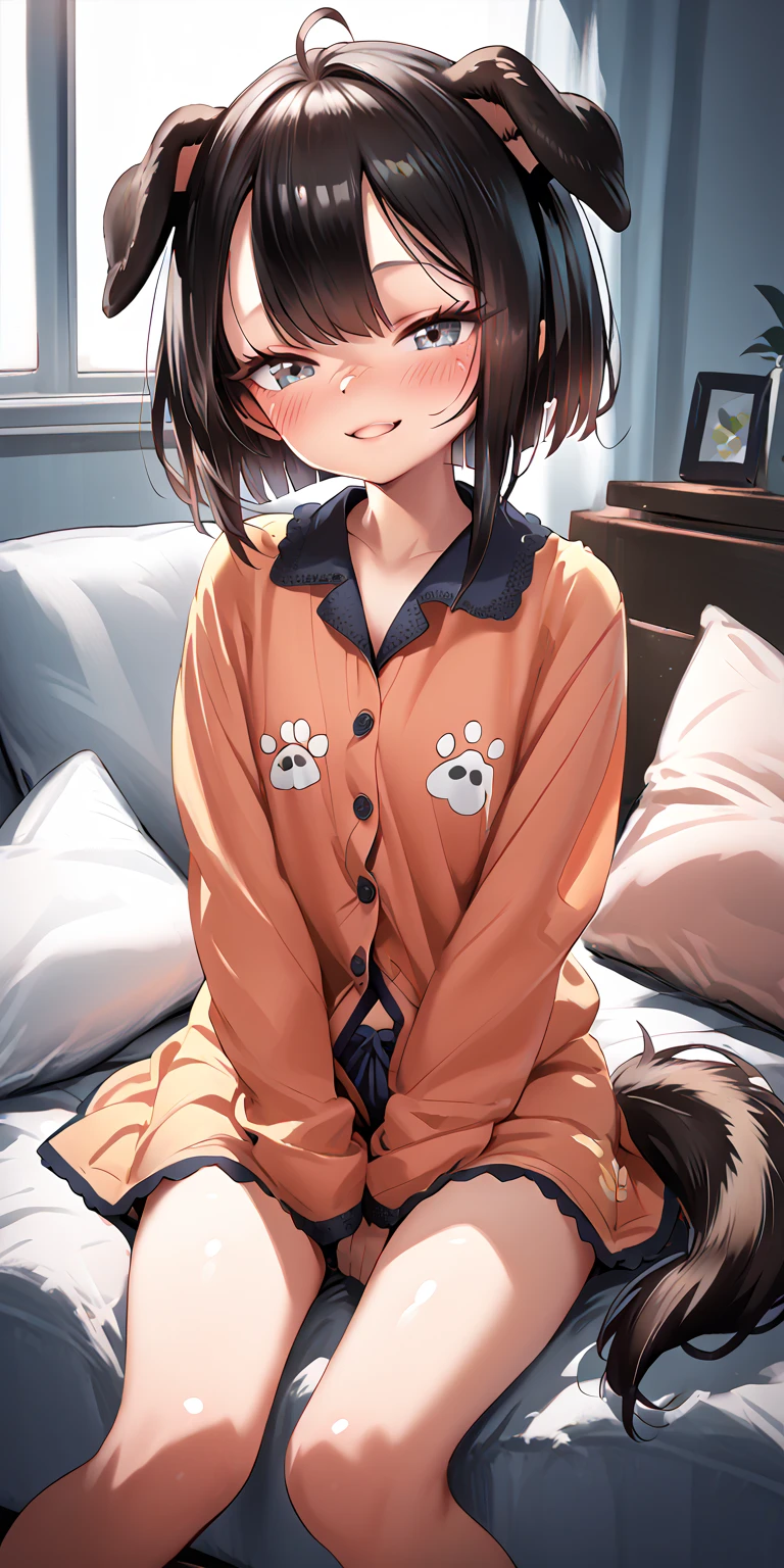 A cute small-breasted girl , wearing pajamas,  sitting on the couch, black hair dog ears and tail, Sexy face.