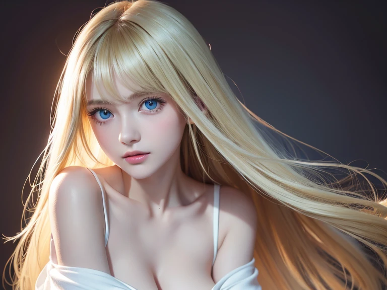 Natural photo of beautiful blonde girl, Wear a loose-fitting crop top, Super long flowing blonde hair that covers the face, messy bangs between eyes、Not too big bust, fix your gaze on the camera, Very beautiful bright light blue eyes、very big eyes, plane of symmetry, Very white, young and bright skin、cheek gloss highlight、photorealism, photography, Pfadverfolgung, specular lighting, Volumetrisches Gesichtslicht, path traced blonde hair, visible shadow, complicated, expensive