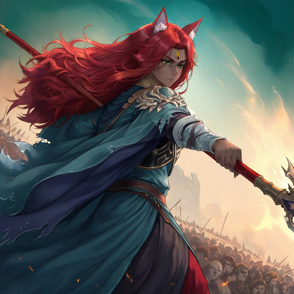 Young Kemono Elf Man Half Beast, Your hair and fur are red,  fighting in the middle of a plain,  her clothes are torn and her armor in pieces ,  her expression is fierce and her eyes are serious ,  in her left hand she holds an impressive spear with a long blue fabric that wraps around it,  her other hand is in a claw shape ,  her red hair wobbles in the wind ,  dark skin under the red fur , deep green eyes , iris feral,  animal ears ,  Wolf ears ,  body hair , Alone,  Battlefield,  magic and shadows in the background ,  long hair , by the bodies, Alone, 1 man. humanoid face.