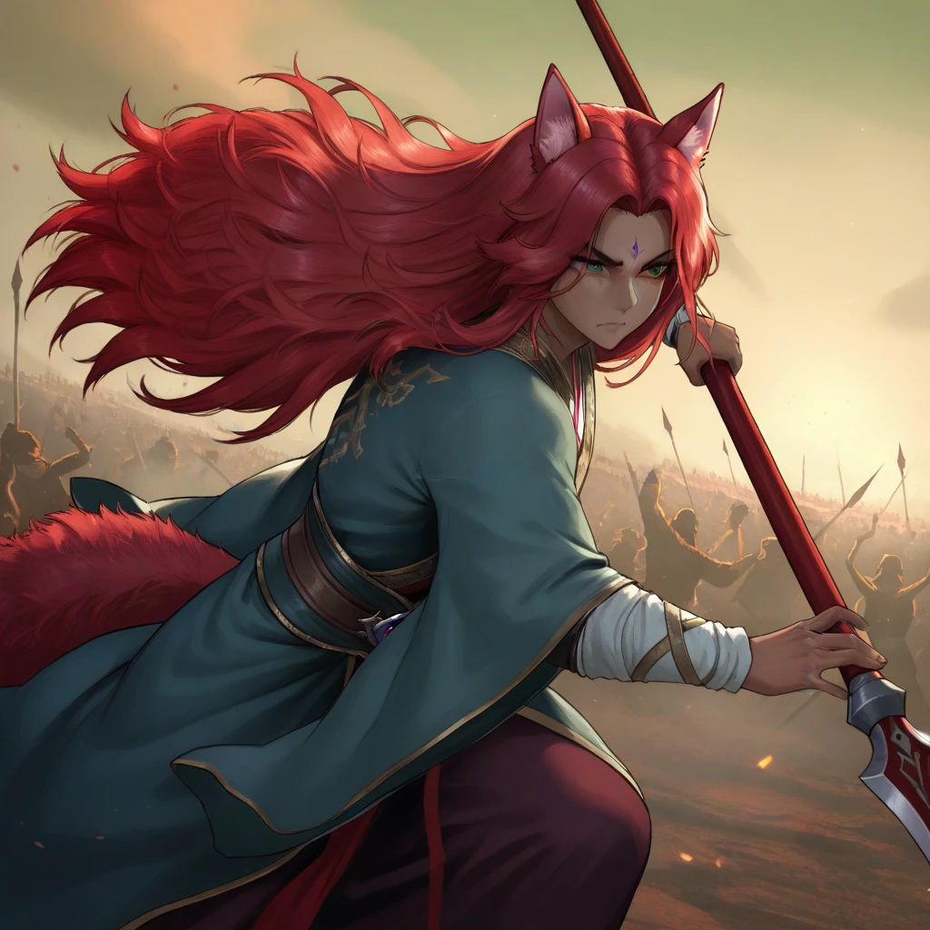 Young Kemono Elf Man Half Beast, Your hair and fur are red,  fighting in the middle of a plain,  her clothes are torn and her armor in pieces ,  her expression is fierce and her eyes are serious ,  in her left hand she holds an impressive spear with a long blue fabric that wraps around it,  her other hand is in a claw shape ,  her red hair wobbles in the wind ,  dark skin under the red fur , deep green eyes , iris feral,  animal ears ,  Wolf ears ,  body hair , Alone,  Battlefield,  magic and shadows in the background ,  long hair , by the bodies, Alone, 1 man. humanoid face.