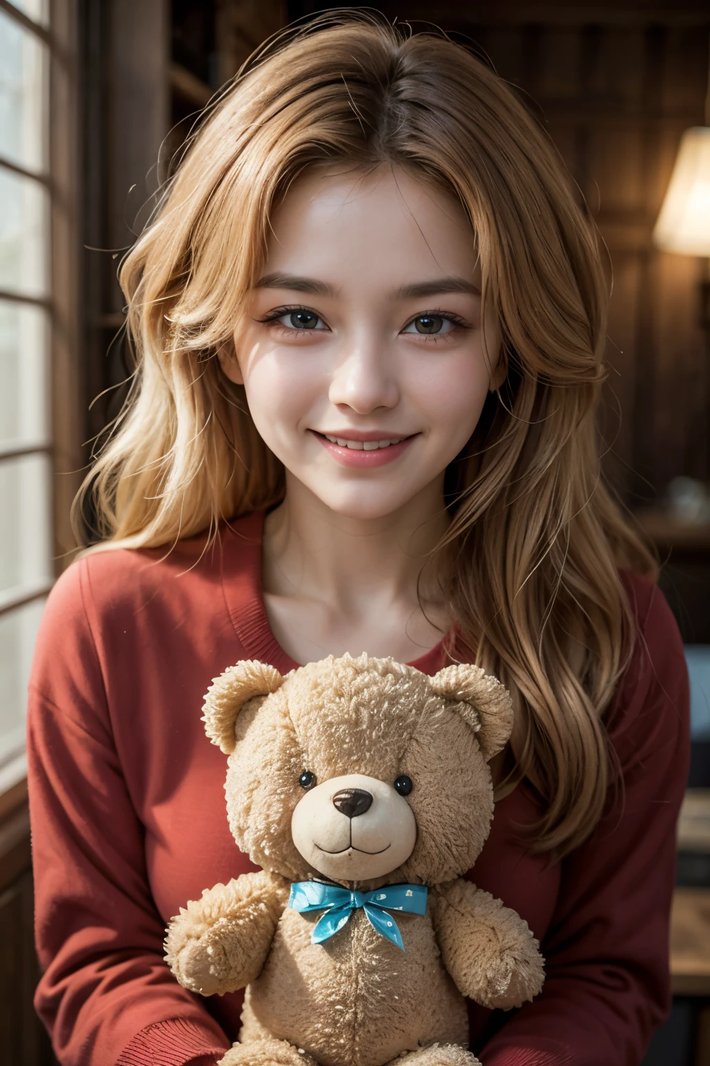 18 years old with straight golden blonde hair and a delicate, very youthful face, holding a teddy bear and a red dress on all fours with a face that is showing her large breasts, smiling