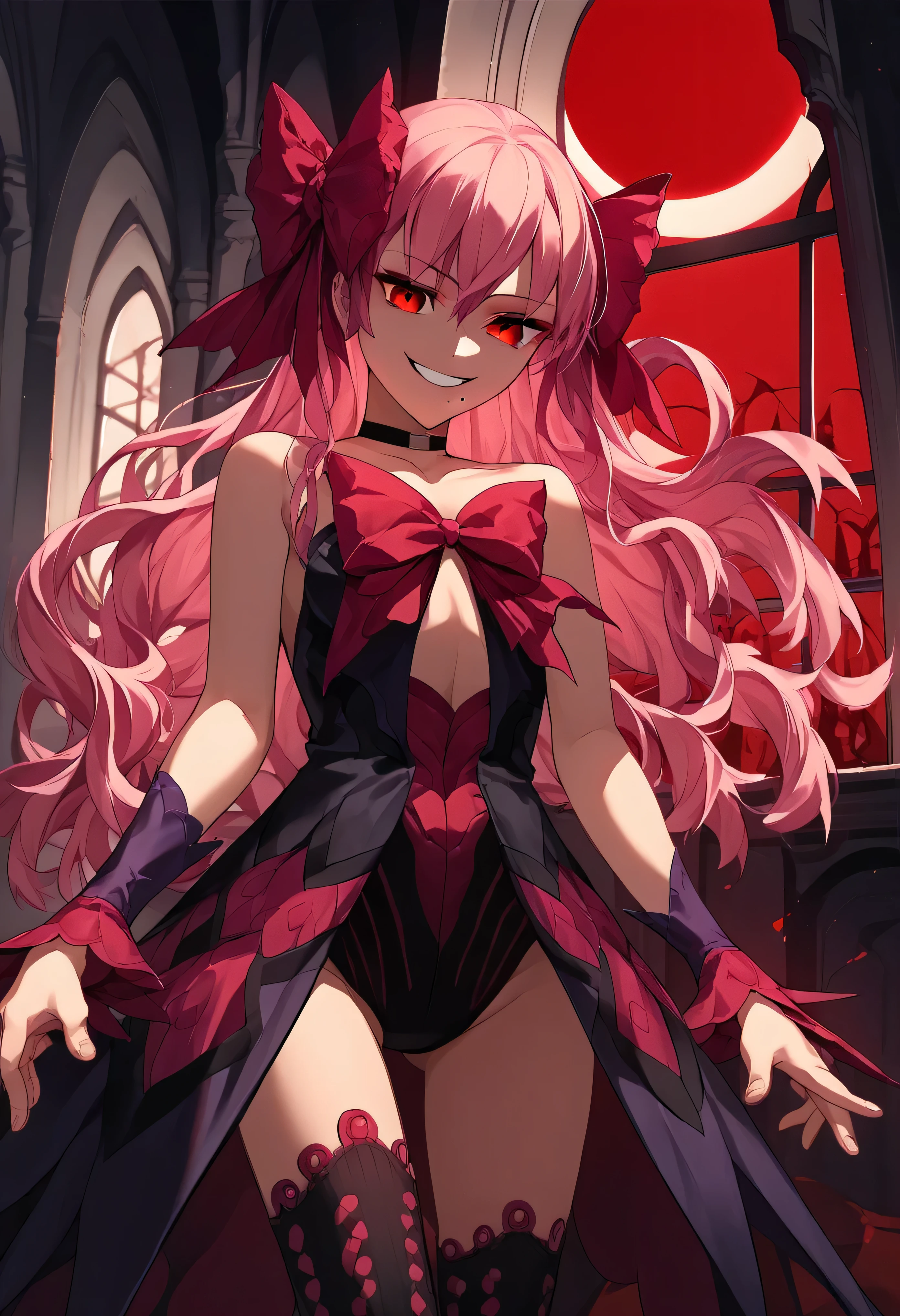 1girl, really long hair, pink hair, red eyes, mole under mouth, hair bow, choker, ribbon, leotard, center opening, bare shoulders, black thighhighs, wrist cuffs, laying, standing, cowboy shot, indoors, gothic, bedroom, castle, , red moon score_9, score_8_up, score_7_up, score_6_up, score_5_up, score_4_up, BREAK source_anime, masterpiece,,very evil smile,best quality,looking down at viewer