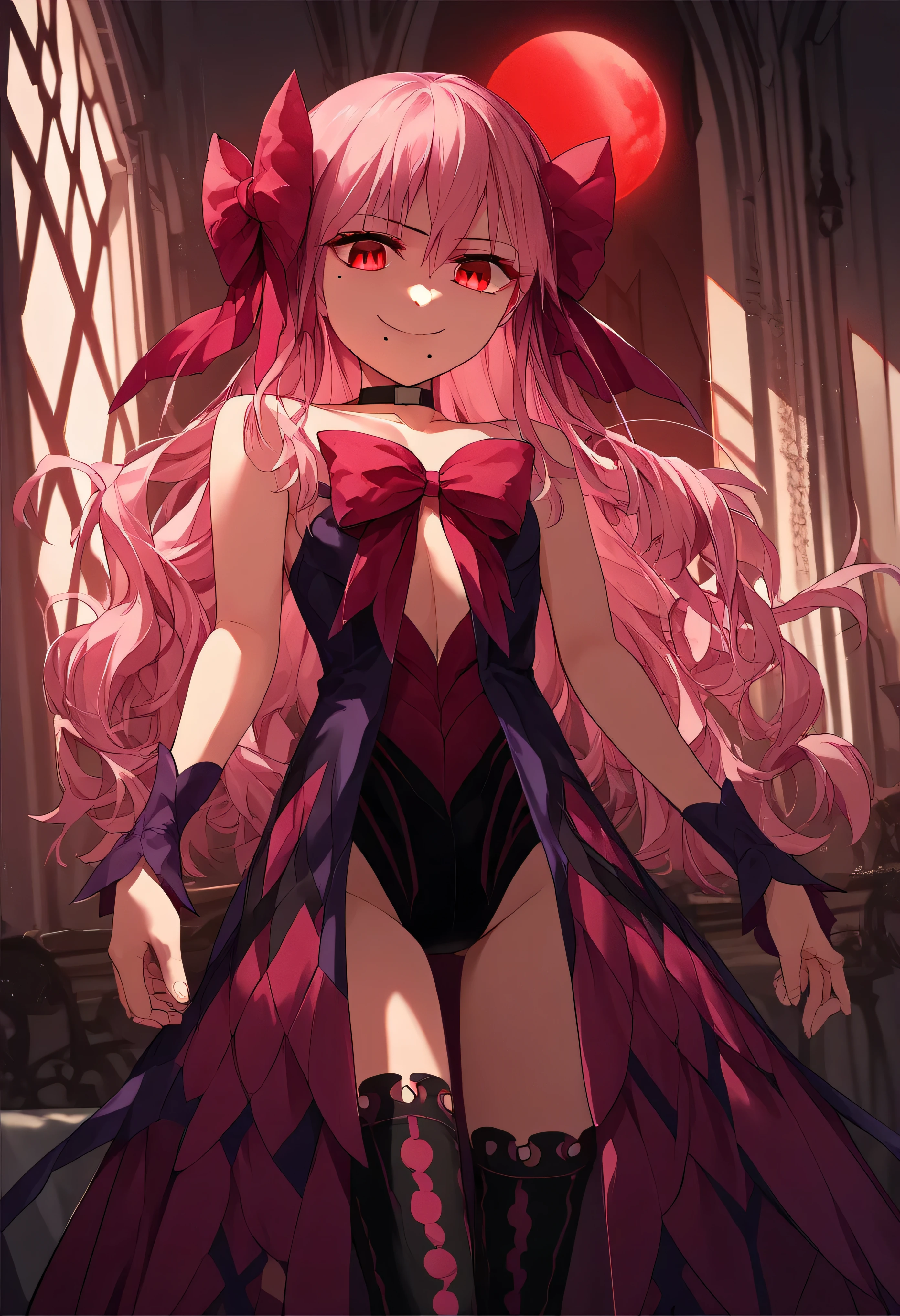 1girl, really long hair, pink hair, red eyes, mole under mouth, hair bow, choker, ribbon, leotard, center opening, bare shoulders, black thighhighs, wrist cuffs, laying, standing, cowboy shot, indoors, gothic, bedroom, castle, , red moon score_9, score_8_up, score_7_up, score_6_up, score_5_up, score_4_up, BREAK source_anime, masterpiece,,very evil smile,best quality,looking down at viewer