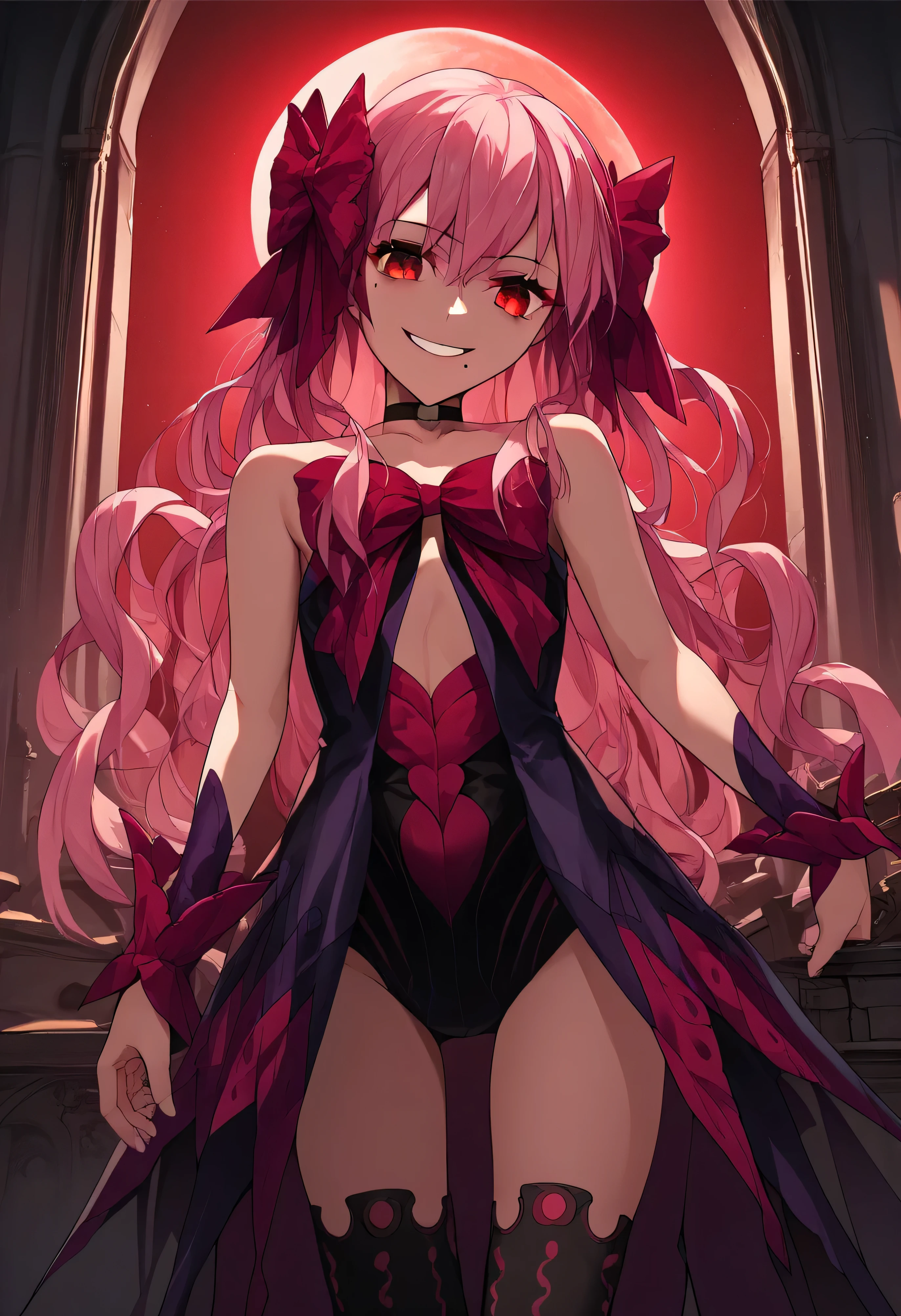 1girl, really long hair, pink hair, red eyes, mole under mouth, hair bow, choker, ribbon, leotard, center opening, bare shoulders, black thighhighs, wrist cuffs, laying, standing, cowboy shot, indoors, gothic, bedroom, castle, , red moon score_9, score_8_up, score_7_up, score_6_up, score_5_up, score_4_up, BREAK source_anime, masterpiece,,very evil smile,best quality,looking down at viewer