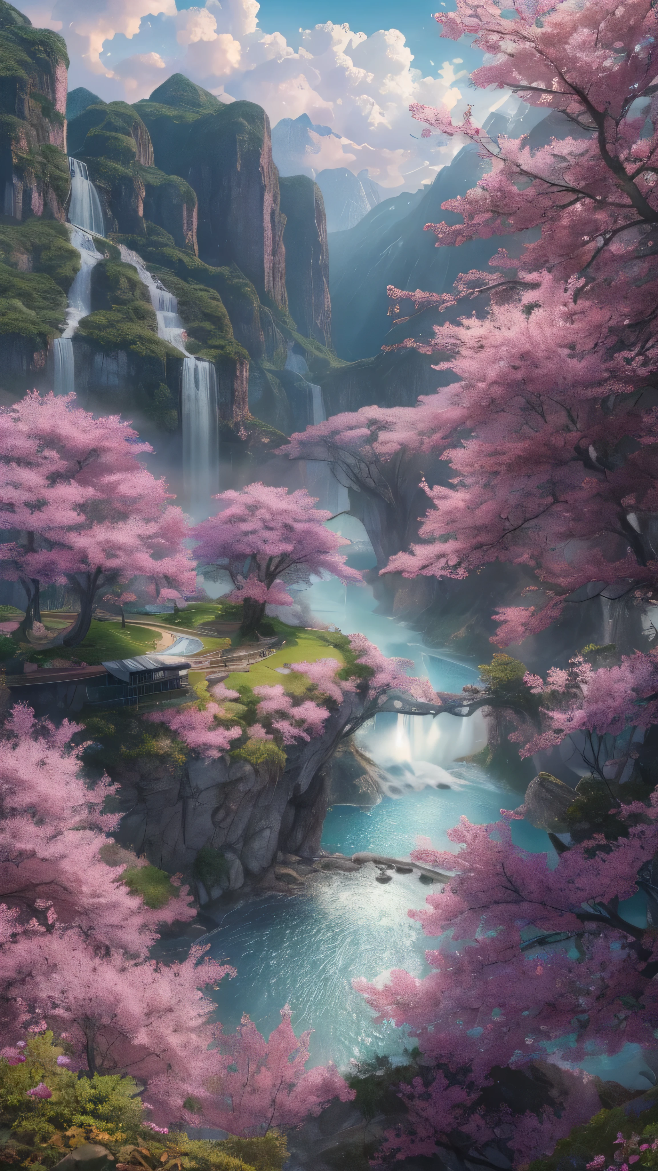 Masterpiece, 最 High Quality , High Quality , Detailed CG Unity 8k Wallpaper , landscape, outdoor, null, cloud, null, no humans, Mountain, landscape, water, tree, blue null, waterfall, cliff, nature, lake, river , cloudy skies, Award-Winning Photos, Bokeh, depth of field , High Resolution , bloom, Color Difference, Photorealism , very detailed, Art station trending, CGSociety Trends , complicated , high detail, dramatic, Art that you can enjoy on the go