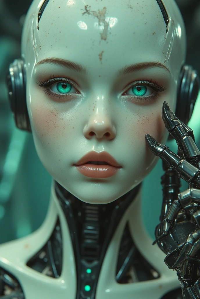 Robot girl, porcelain face and head, no hair, detailed realistic close-up, dirt, dust, Canon 5d cinematic shot, ultra skin, porcelain face and head, exquisite clothes, precise hands, detailed macro, footage, cool look, action, large turquoise eyes, perfect eyes, best quality, extremely sharp focus on the face, minimalism. thinness of analog film, post-apocalyptic, cinematic, realistic, trendy art station. Focus Studio Photo details Very Rutkow Complex Busy Raw 4k 8k Isometric Digital smog 3d rendering, porcelain face and head. Volume Octane Science Fiction Artistic Masterpiece Sinister Matte Painting Movie Poster, golden ratio, cgsociety, Ultra HD, realism, vivid colors, high detail, UHD drawing, pen and ink, perfect composition, beautiful detailed intricate insanely detailed octane rendering, trending on artstation, 8k art photography, photorealistic concept art, soft natural surround cinematic perfect light, Broken Glass effect, no background, stunning, something that even doesn't ex