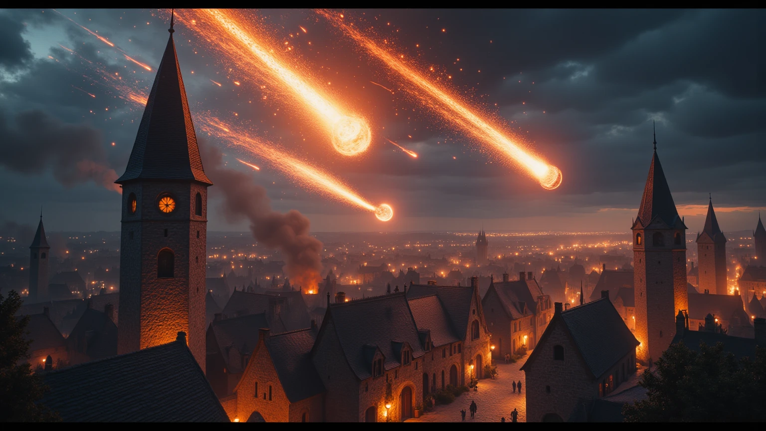 Create a breathtaking image of a meteor shower raining fiery destruction over a medieval city at night. The meteors are engulfed in flames, leaving bright orange trails as they streak across the dark sky. The city below features tall stone towers, wooden rooftops, and narrow streets, illuminated by the glow of fires spreading from the impact. The atmosphere is chaotic, with smoke and ash filling the air and sparks flying everywhere. The horizon is dotted with more meteors descending in the distance."