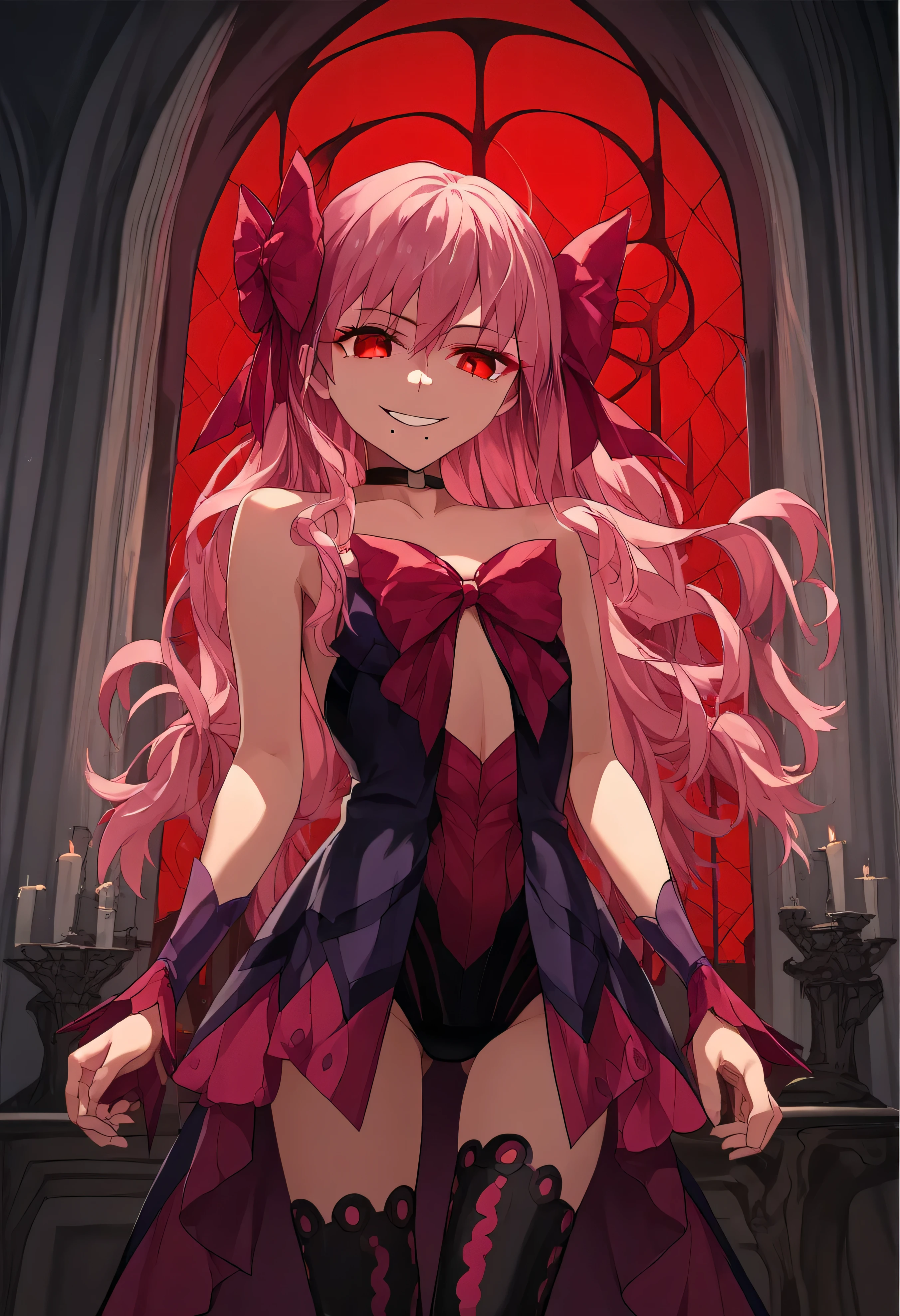 1girl, really long hair, pink hair, red eyes, mole under mouth, hair bow, choker, ribbon, leotard, center opening, bare shoulders, black thighhighs, wrist cuffs, laying, standing, cowboy shot, indoors, gothic, bedroom, castle, , red moon score_9, score_8_up, score_7_up, score_6_up, score_5_up, score_4_up, BREAK source_anime, masterpiece,,very evil smile,best quality,looking down at viewer