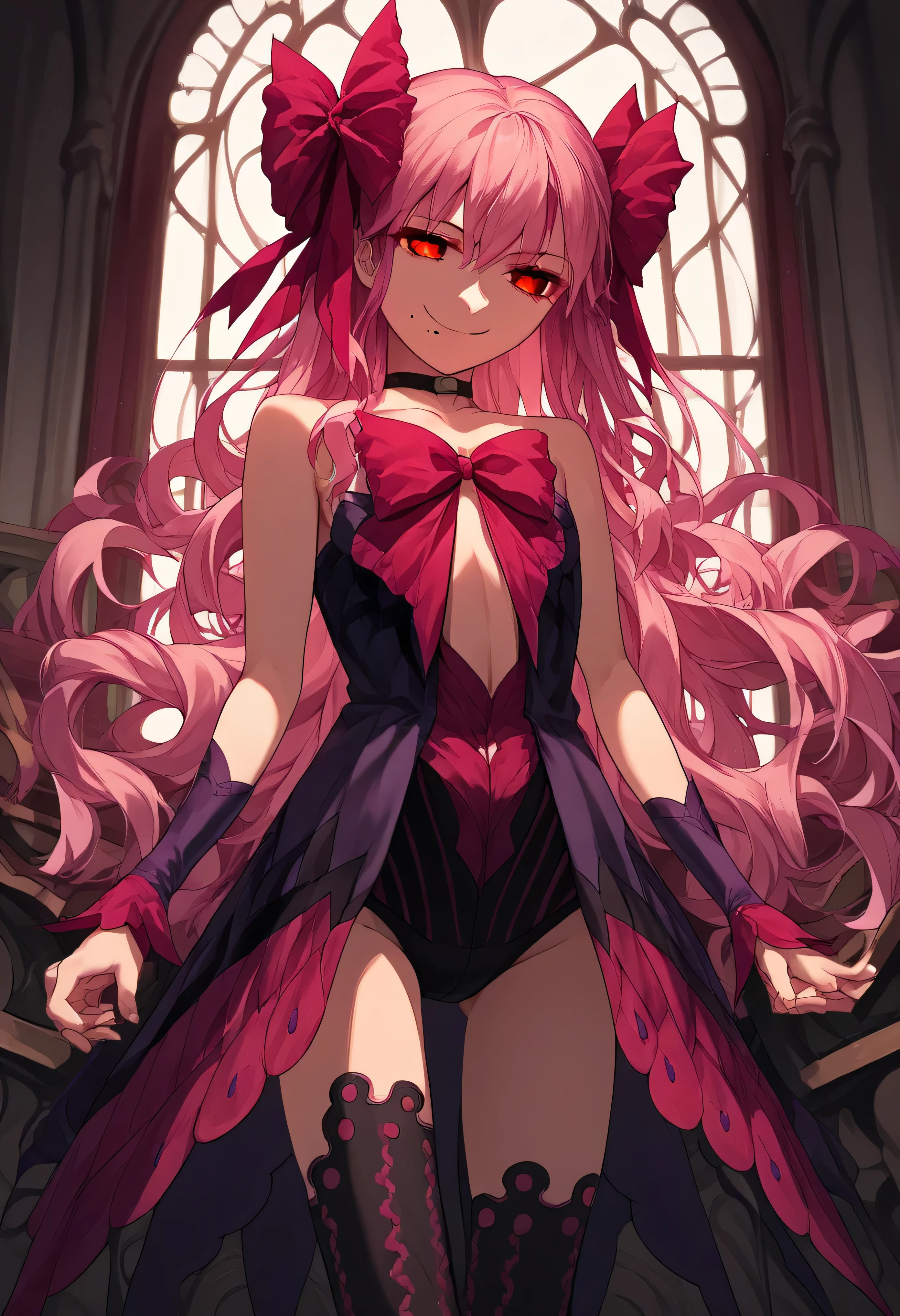 1girl, really long hair, pink hair, red eyes, mole under mouth, hair bow, choker, ribbon, leotard, center opening, bare shoulders, black thighhighs, wrist cuffs, laying, standing, cowboy shot, indoors, gothic, bedroom,  score_9, score_8_up, score_7_up, score_6_up, score_5_up, score_4_up, BREAK source_anime, masterpiece,,very evil smile,best quality,looking down at viewer