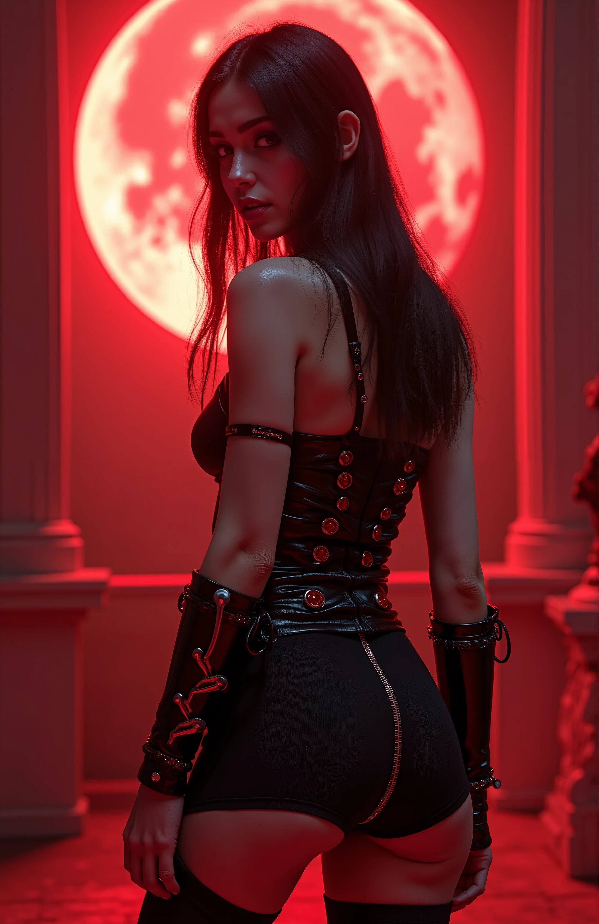 quality and details :
(8k, HD, ultra-detailed, realistic , masterpiece: 1.3), (Professional lighting, kinoreif, clear focus on the figure : 1.5), (strong colors, sharp details , flawless textures ).
scene and lighting :
A radiantly illuminated woman in a tight-fitting , black dress with Fine stockings take center stage in front of a big , glowing red moon .
The figure is bright : concealed , warm light sources put her in focus , surrounded by a delicate golden glow , that gently accentuate her silhouette .
Soft shadows and reflective light reinforce the plasticity of her body and the shiny textures of her outfit.
Character:
She is an elegant and seductive succubus , inspired by Lilith and cyberpunk aesthetics .
Her black, short dress, combined with red and black details , is highlighted by the light , which makes every fold and accent perfectly visible .
Your seductive look and dominating posture catch the light and glow almost .
atmosphere:
The background, with gothic and futuristic elements such as neon shimmers , remains in contrast to the perfectly illuminated figure .
Black and red color accents , which is reinforced by the bright main character , create a dramatic and gripping scene .
Inspired by Diablo 4 and Demonic anime girls , is the scene a mix of cyberpunk and medieval fantasy , with a clearly dominating bright figure in the foreground .