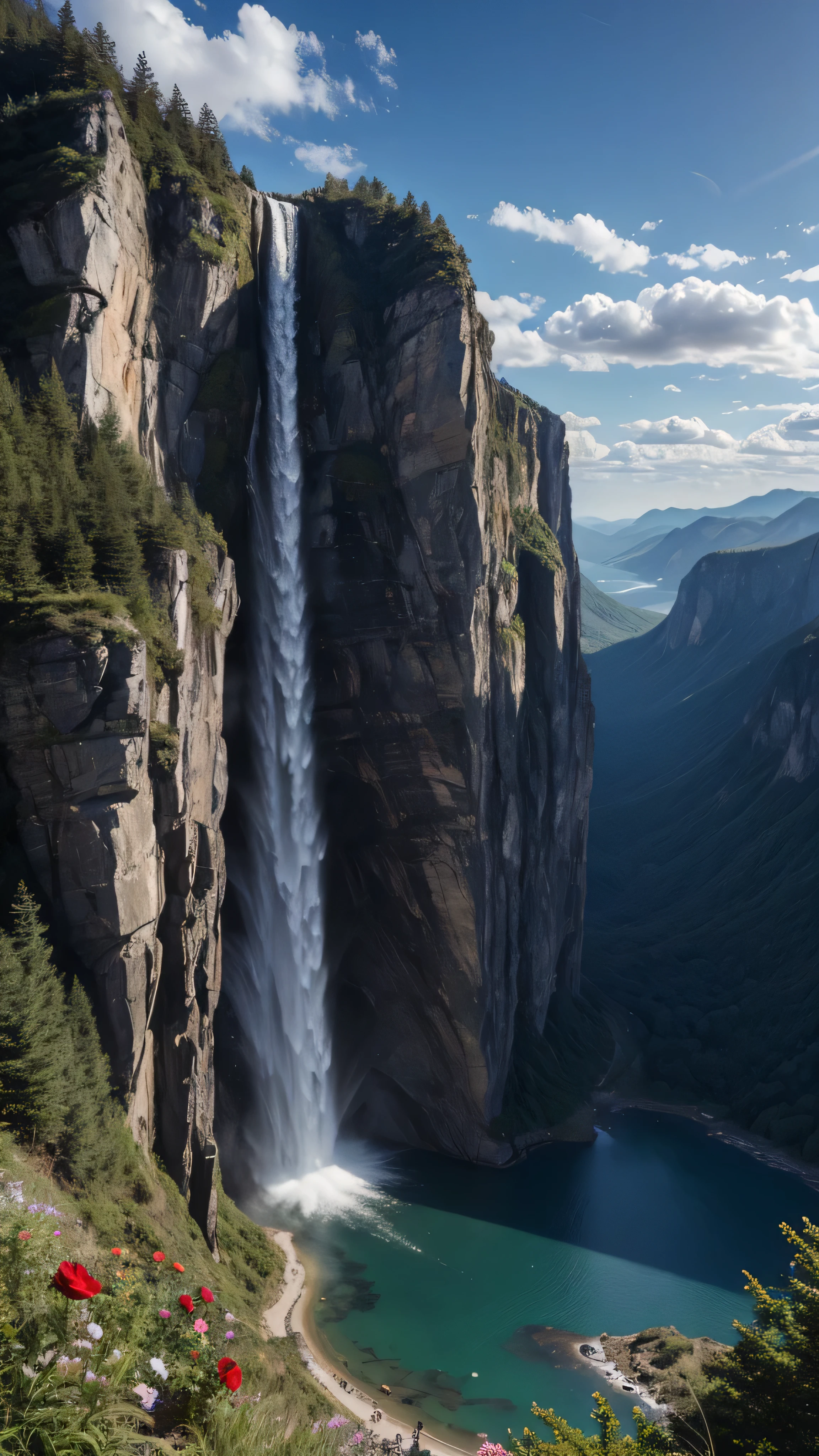 Masterpiece, 最 High Quality , High Quality , Detailed CG Unity 8k Wallpaper , landscape, outdoor, null, cloud, null, no humans, Mountain, landscape, water, tree, blue null, waterfall, cliff, nature, lake, river , cloudy skies, Award-Winning Photos, Bokeh, depth of field , High Resolution ,Red blooming roses, Color Difference, Photorealism , very detailed, Art station trending, CGSociety Trends , complicated , high detail, dramatic, Art that you can enjoy on the go