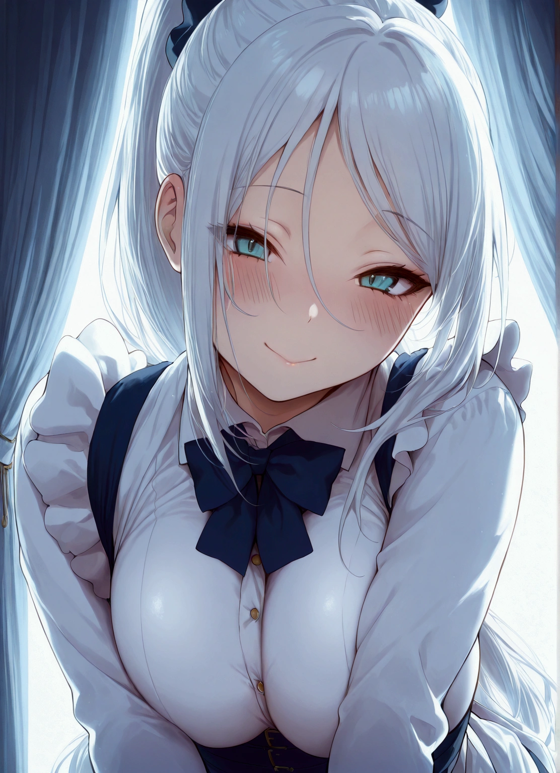 masterpiece, sylpha,Maid, white hair,long hair, ponytail style,, bang,, long hair,Big breast, ,smile,, blush,,smile,, details,perfect, details master pieces,high quality,, feminine, perfect,realistic, perfect lights, perfect lights,inlove,