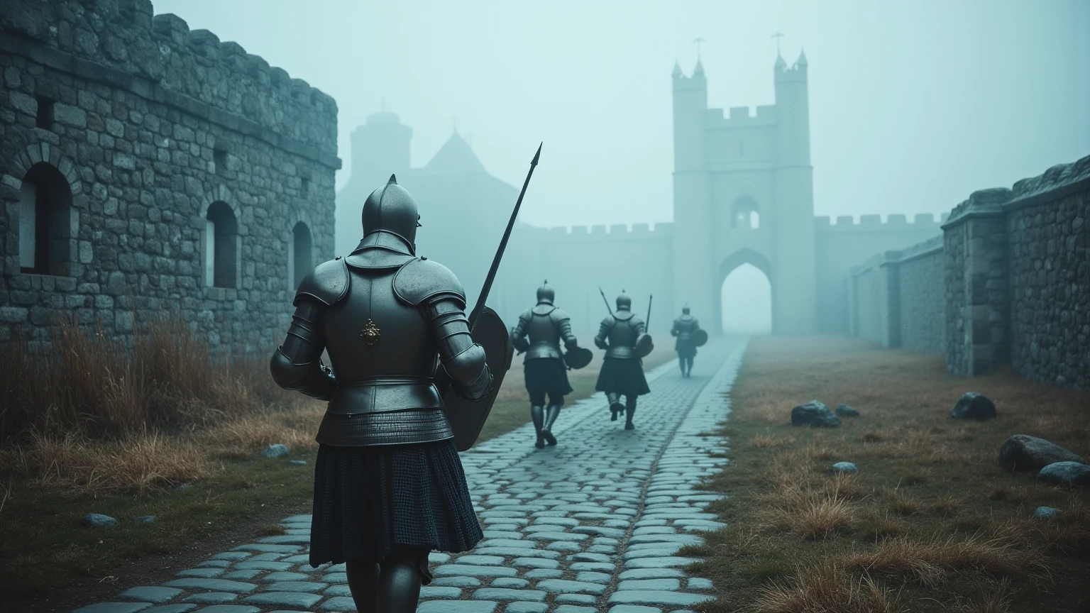 Create a dramatic perspective shot of a group of armored knights running through a foggy castle path. The cobblestone road is uneven and weathered, with tufts of dry grass growing between the cracks. The towering stone walls of the castle stretch into the distance, shrouded in mist. The knights wear chainmail and carry shields, their silhouettes partially obscured by the dense fog. The faint outline of a fortress looms in the background, adding depth and scale."