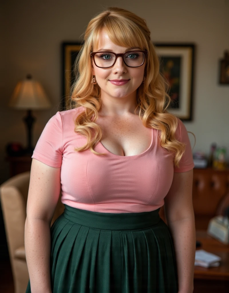  a mischievous and curvy Melissa Rauch with a light neutral skin tone,  pale skin,  with completely sweaty hair ,  in a traditional dress , wearing pink t-shirt, in a  hourglass body  shape, cups,  hourglass body , HD, 120 thousand , HDR,  professional photography ,  dark green pleated skirt , in your apartment, cleavage,. glasses, hourglass body, hourglass, cleavage, ponytail, hands back