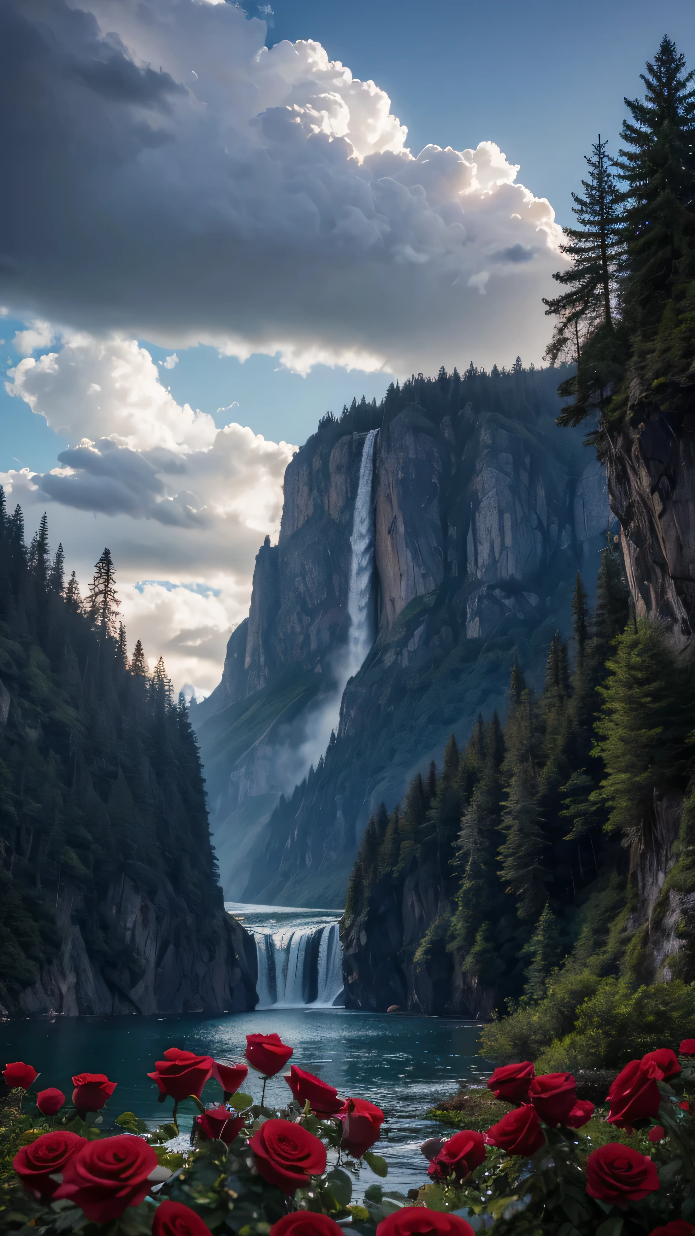 Masterpiece, 最 High Quality , High Quality , Detailed CG Unity 8k Wallpaper , landscape, outdoor, null, cloud, null, no humans, Mountain, landscape, water, tree, blue null, waterfall, cliff, nature, lake, river , cloudy skies, 切り立ったcliff、 Award-Winning Photos, Bokeh, depth of field , High Resolution ,Red blooming roses, Color Difference, Photorealism , very detailed, Art station trending, CGSociety Trends , complicated , high detail, dramatic, Art that you can enjoy on the go