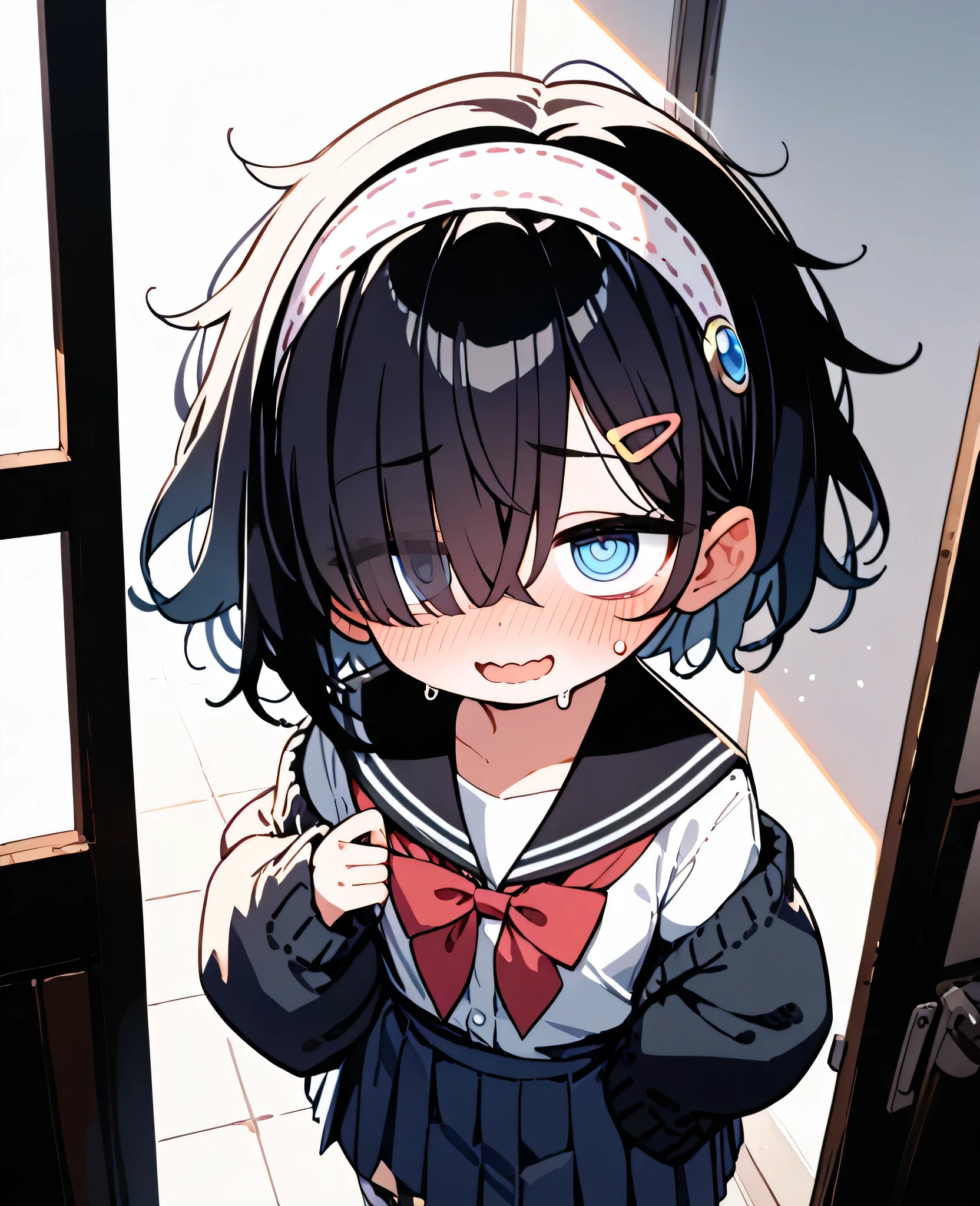 Anime girl with blue eyes and a bow tie standing in front of a door ...