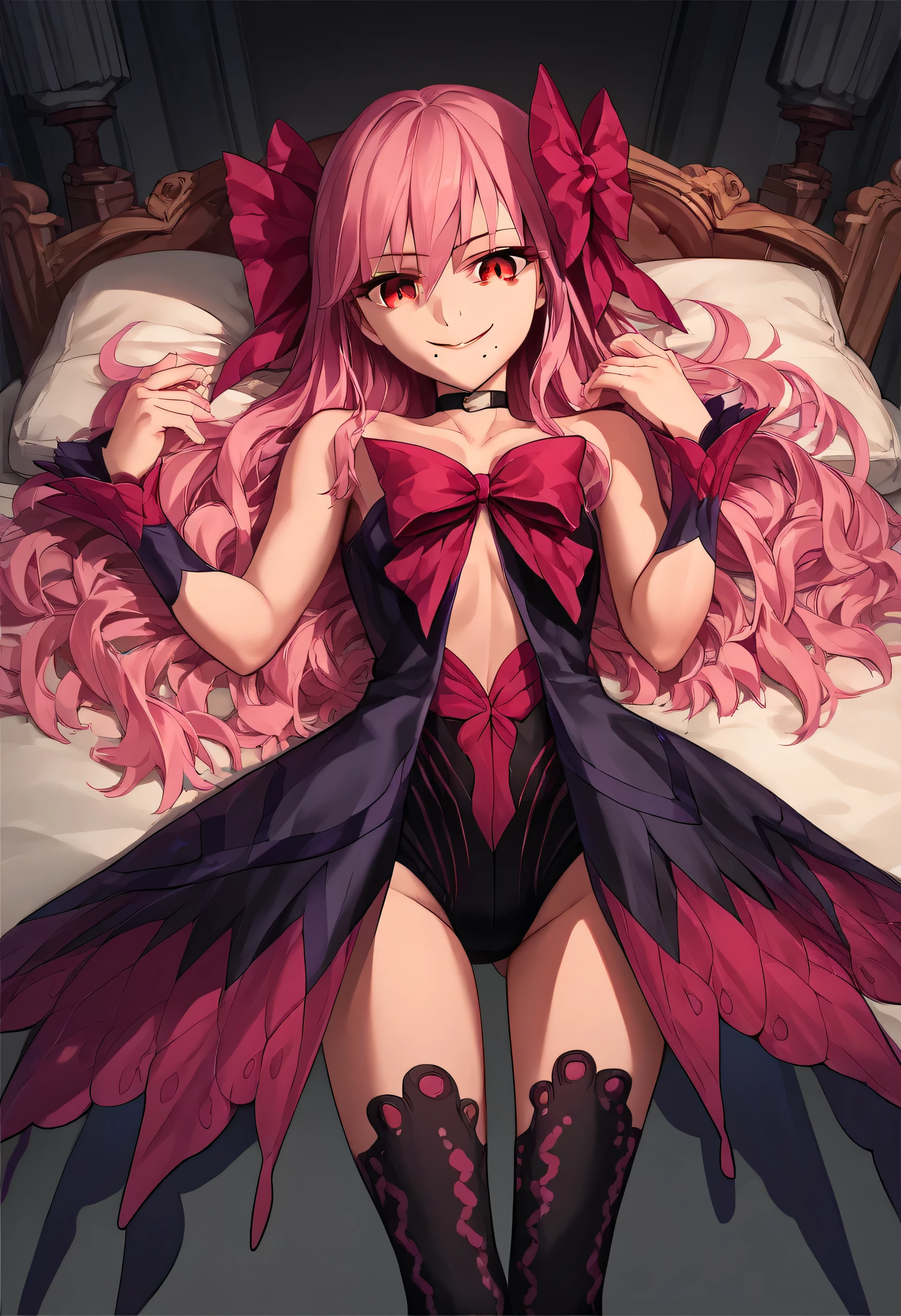 1girl, really long hair, pink hair, red eyes, mole under mouth, hair bow, choker, ribbon, leotard, center opening, bare shoulders, black thighhighs, wrist cuffs, laying, standing, cowboy shot, indoors, gothic, bedroom,  score_9, score_8_up, score_7_up, score_6_up, score_5_up, score_4_up, BREAK source_anime, masterpiece,,very evil smile,best quality,looking down at viewer