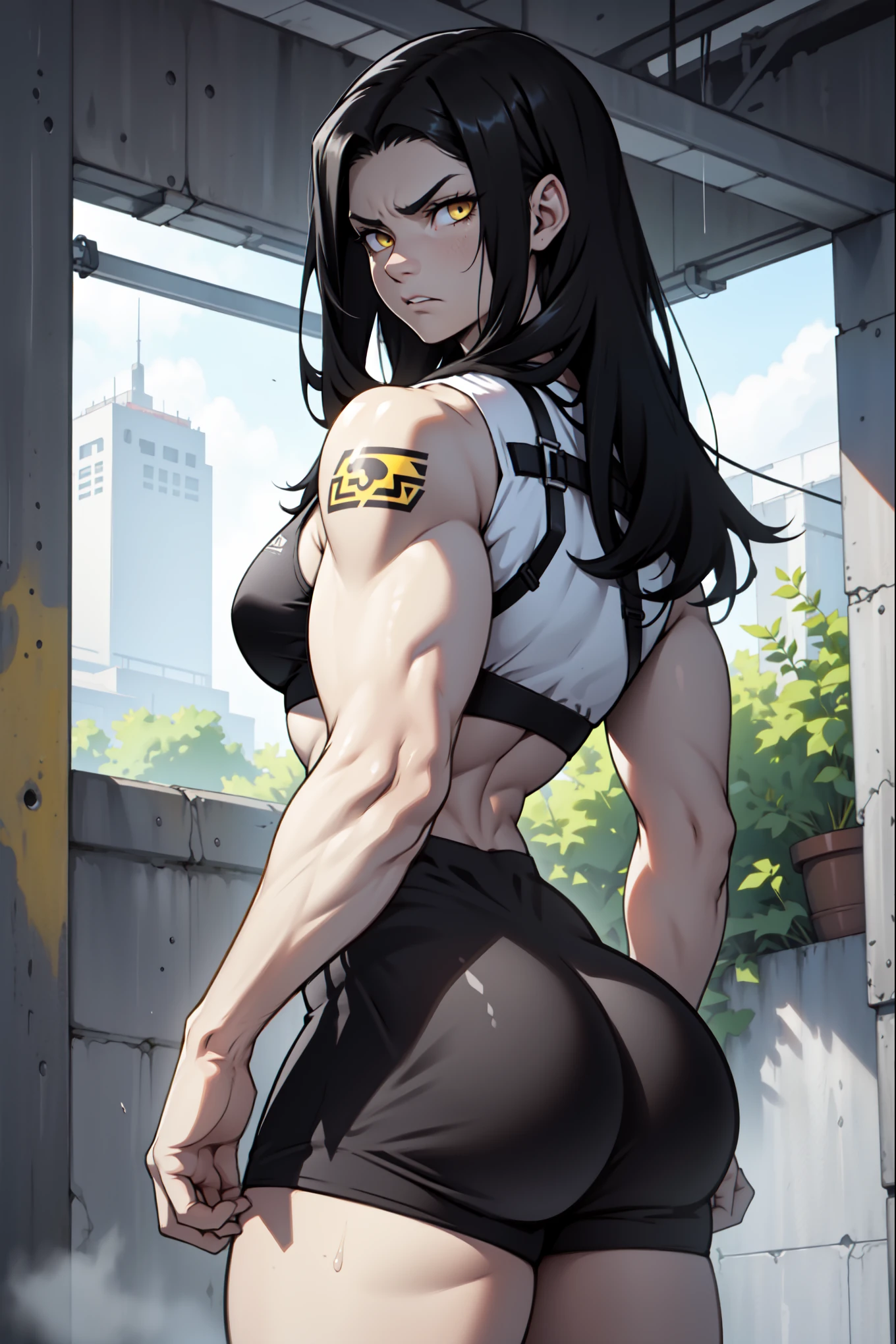 ((((((1 girl)))))), solo, black, hair, extremely long hair, yellow eyes, angry, ((((large breasts)))), ((((thick thighs)))), (curvy), (wide hips), (((((muscular))))), toned body, (tight shirt), (tight pants), navel, abs, (concrete)