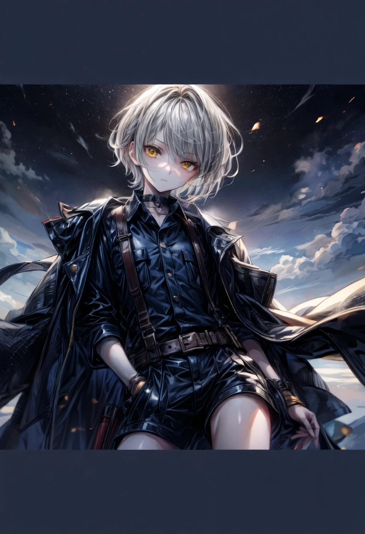 anime , 흰 머리와 검은 코트를 입고 있는 boy, girl front line style ,4k anime wallpaper, anime style 4 k, best anime 4k konachan wallpaper, badass anime 8 k, anime wallpaper 4k, anime wallpaper 4 k, silver hair, golden eyes , short hair, bare thighs, Shota, boy
