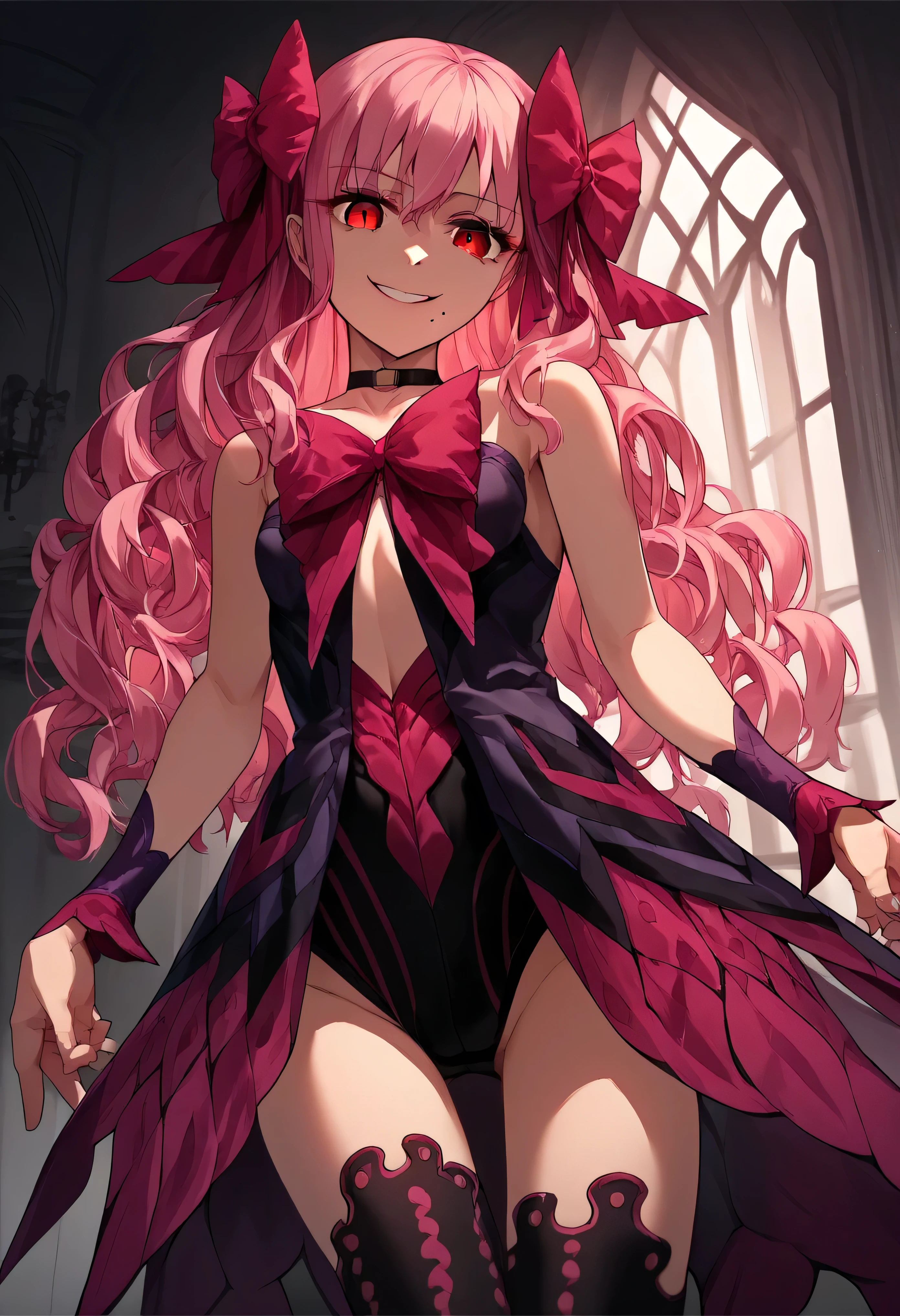 1girl, really long hair, pink hair, red eyes, mole under mouth, hair bow, choker, ribbon, leotard, center opening, bare shoulders, black thighhighs, wrist cuffs, laying, standing, cowboy shot, indoors, gothic, bedroom,  score_9, score_8_up, score_7_up, score_6_up, score_5_up, score_4_up, BREAK source_anime, masterpiece,,very evil smile,best quality,looking down at viewer